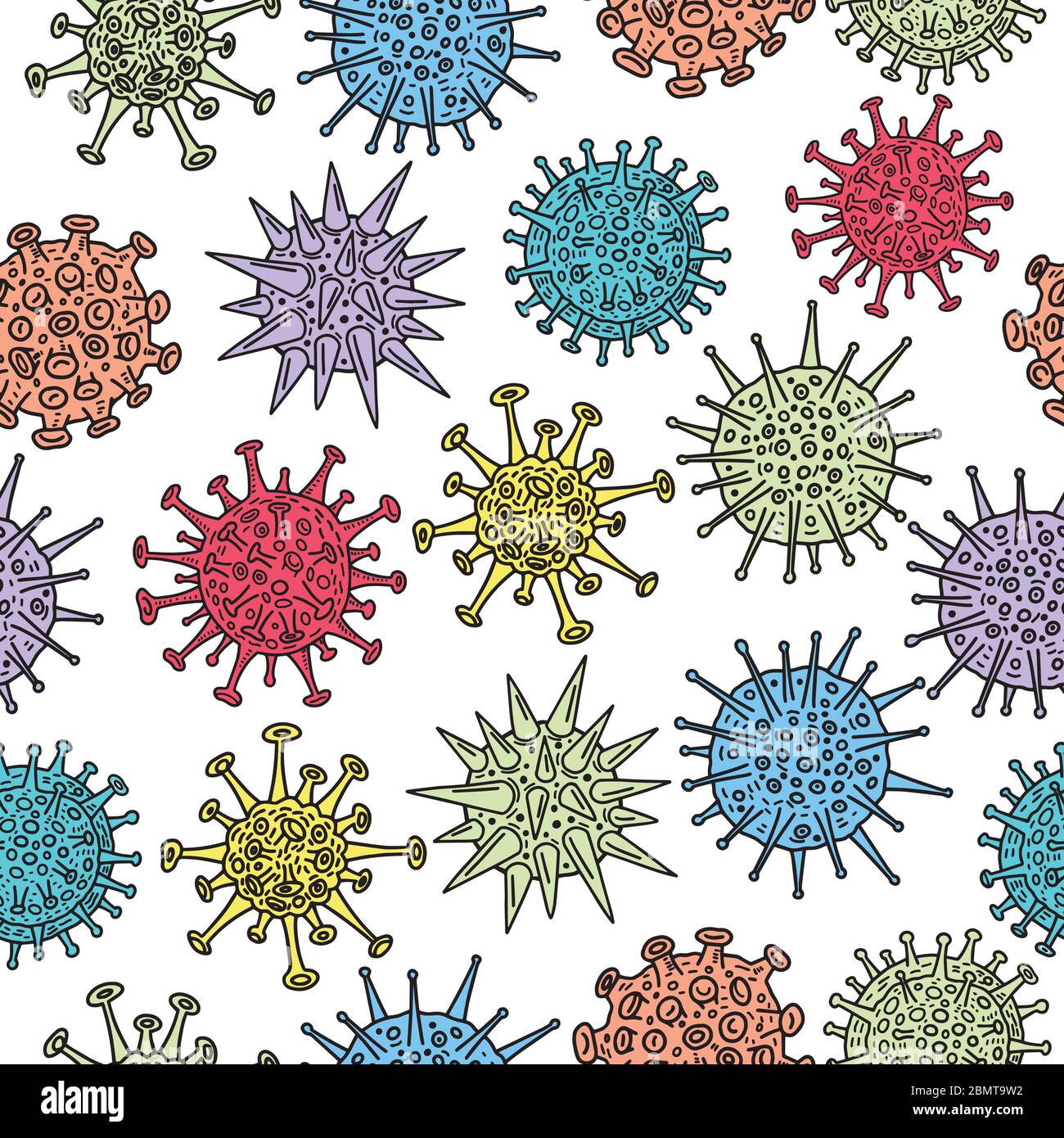 Diversi tipi di virus, raccolta di schizzi. Illustrazione disegnata a mano del motivo senza giunture. Infezione da virus respiratorio. Corona virus e altri virus. Illustrazione Vettoriale