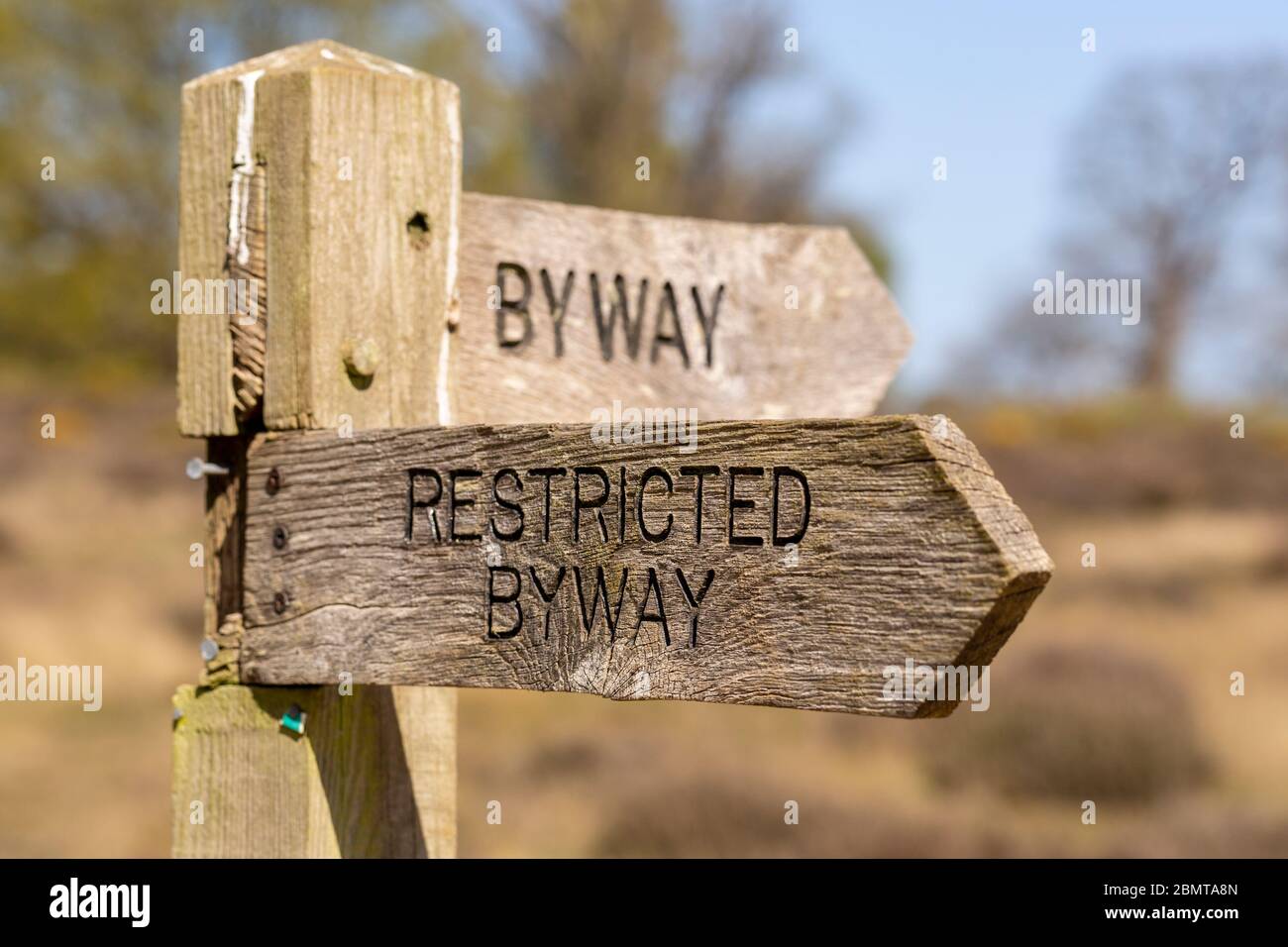 Macro primo piano segnaletica in legno per Restricted Byway, Suffolk Sandlings, Inghilterra, Regno Unito Foto Stock