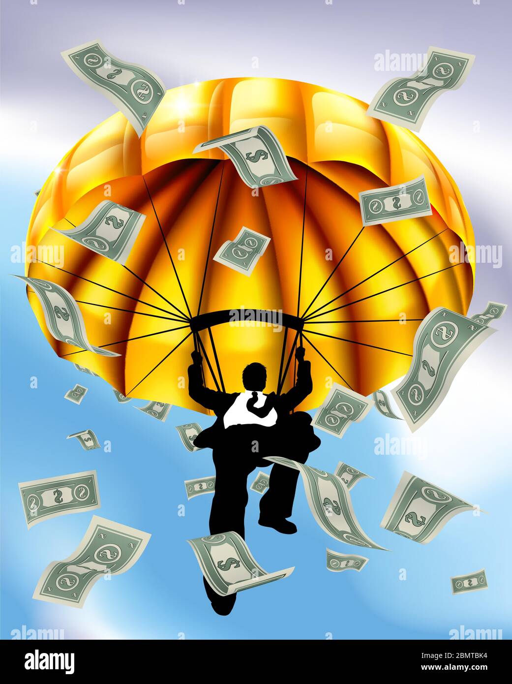 Golden Parachute Cash Silhouette Business Man Illustrazione Vettoriale