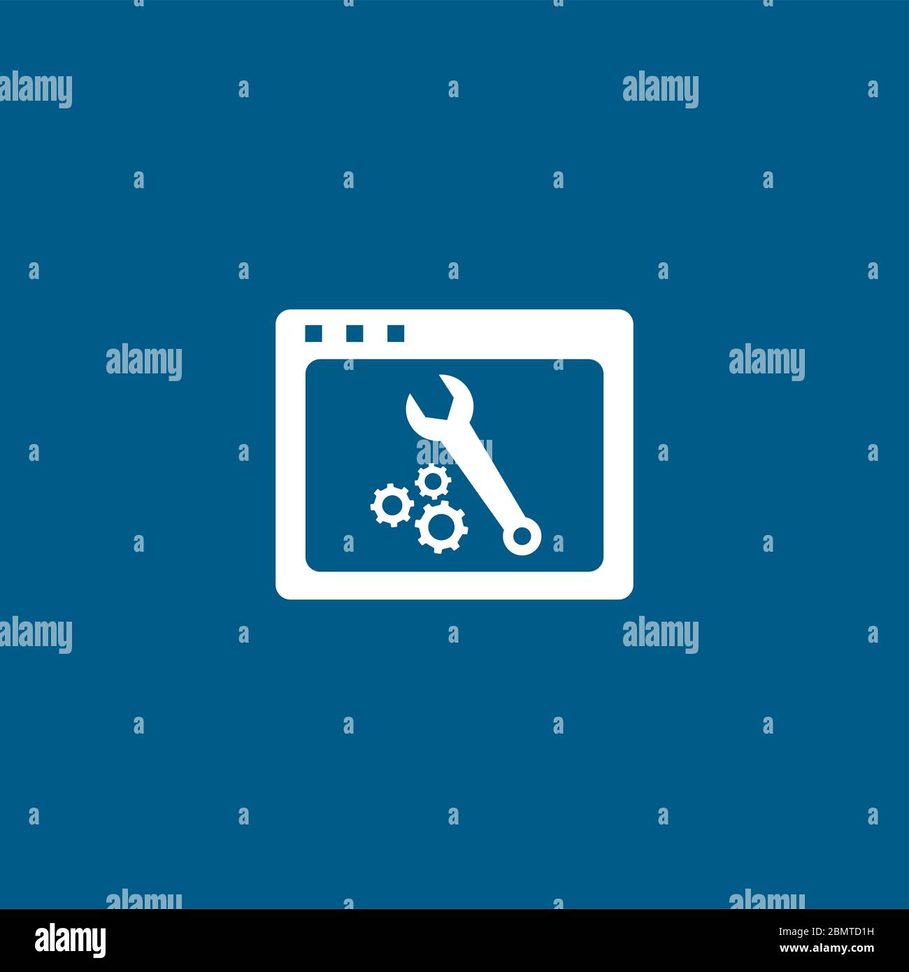 Icona manutenzione pagina Web su sfondo blu. Illustrazione vettoriale in stile piatto blu. Foto Stock