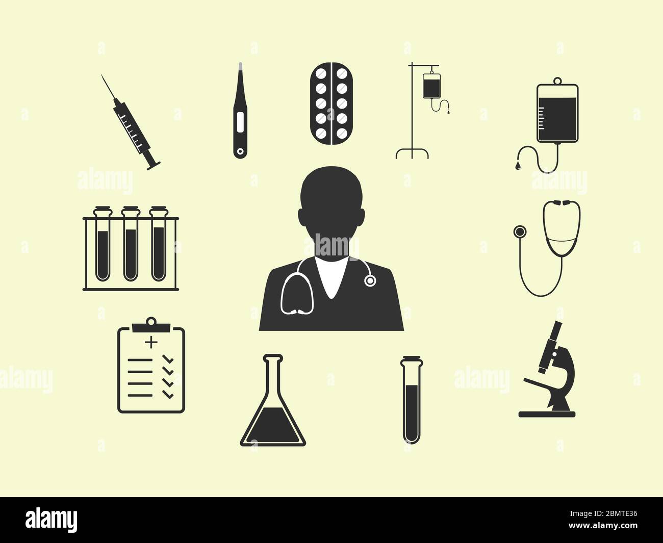 Set di icone per il settore sanitario e medico. Illustrazione vettoriale, design piatto. Illustrazione Vettoriale