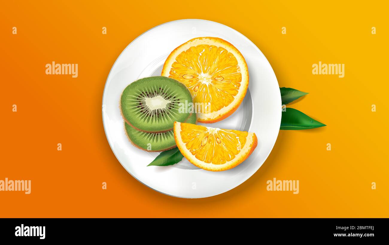 Affettato kiwi e arancio su un piatto bianco. Illustrazione Vettoriale