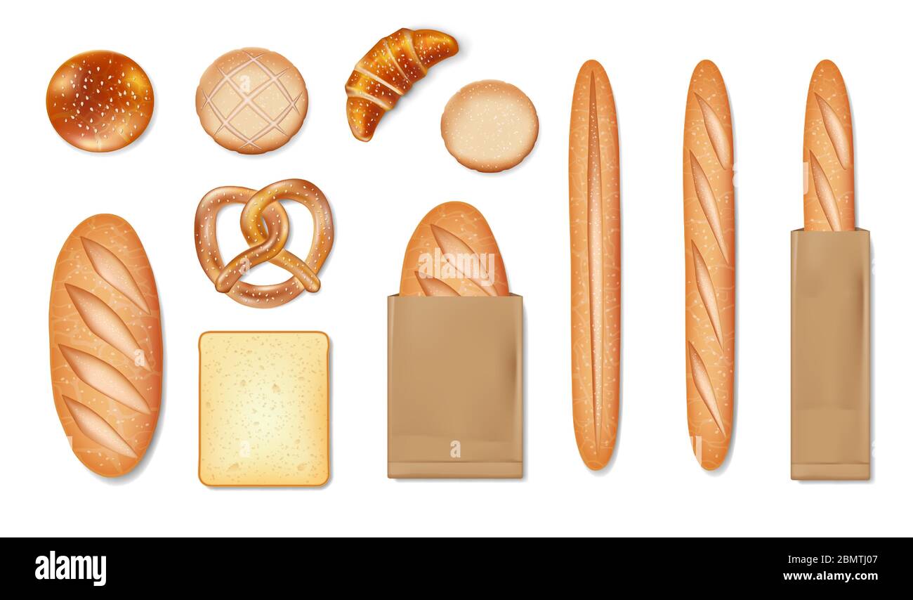 Set realistico di cracker, pane, pretzel, croissant, bagel, baguette francese, snack, biscotti, panino, pane affettato, croissant. Prodotti da forno icone Illustrazione Vettoriale