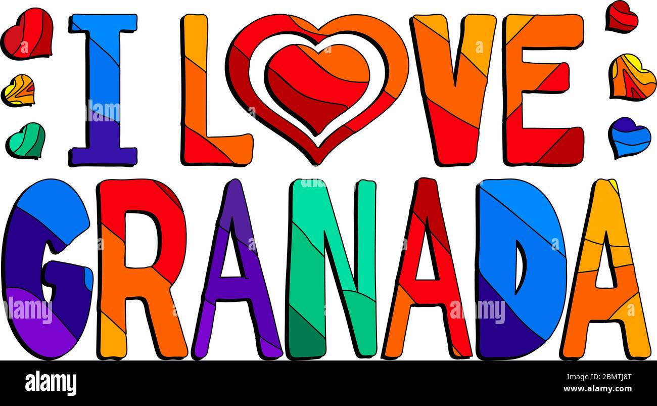 Amo Granada - carina iscrizione multocolorata. Granada - capitale della provincia di Granada, nella comunità autonoma dell'Andalusia, Spagna. Illustrazione Vettoriale