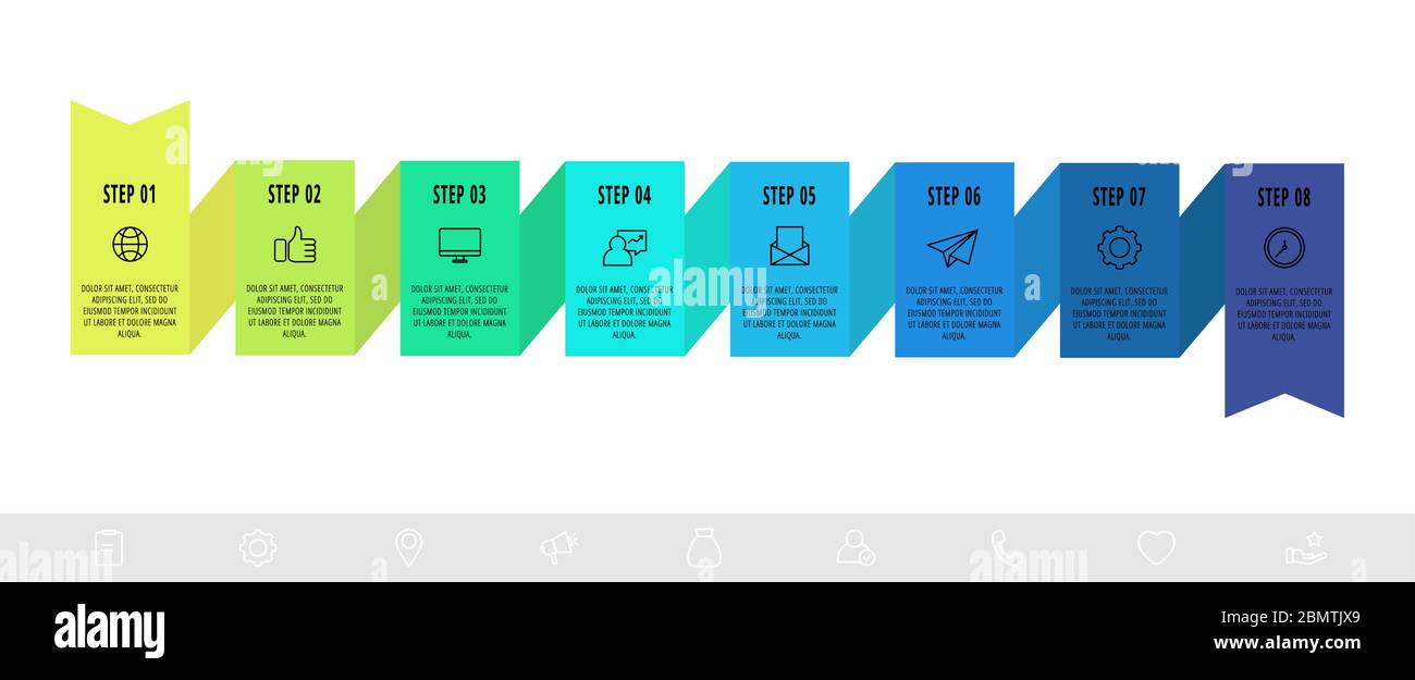 Modello di progettazione di infografiche vettoriali con 8 etichette. Concetto moderno di nastro. Origami Style può essere utilizzato per diagrammi, business, web, banner, presentazioni Illustrazione Vettoriale