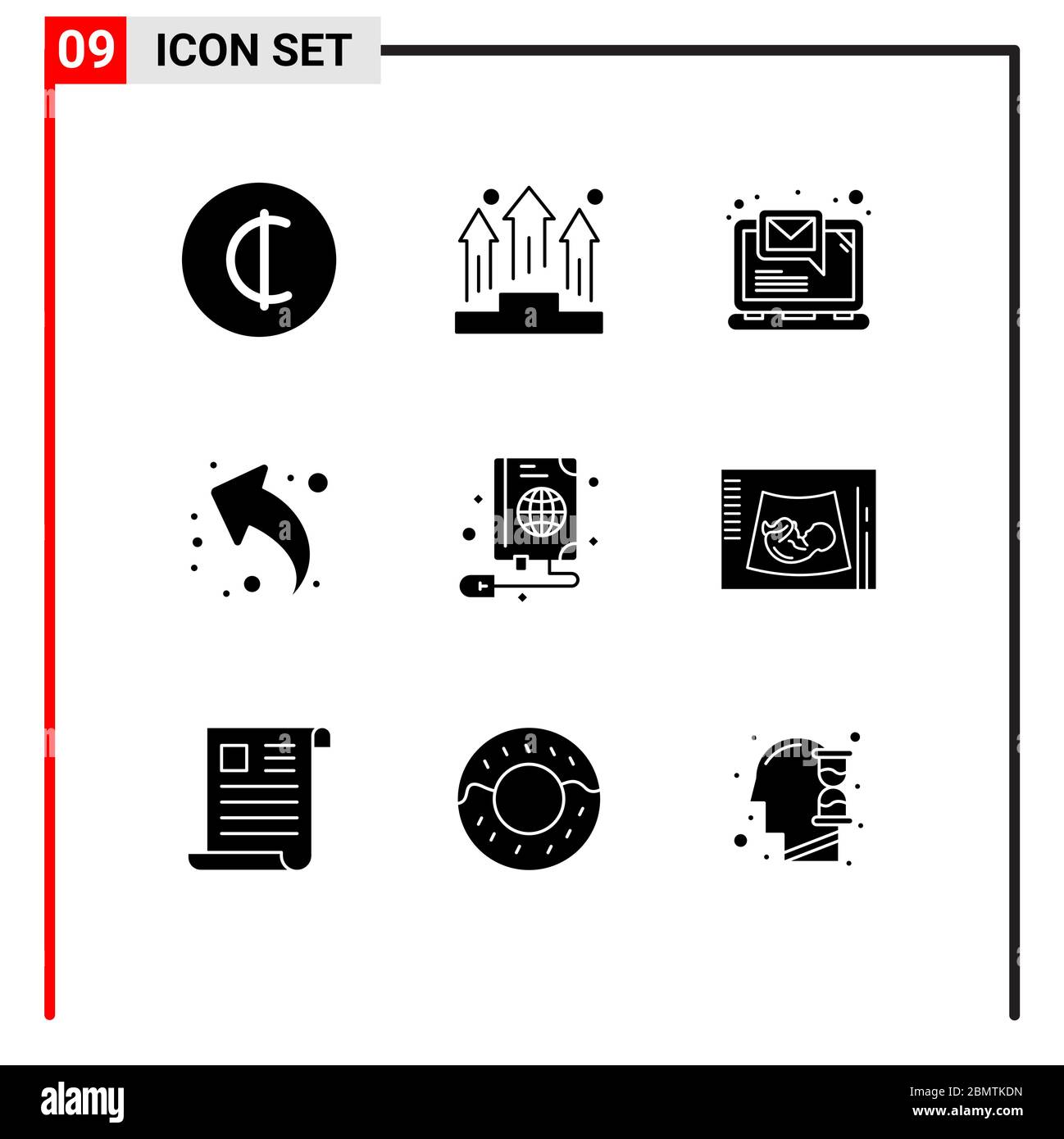 Mobile Interface Solid Glyph Set di 9 pittogrammi di libro, sinistra, computer, su, freccia Editable Vector Design Elements Illustrazione Vettoriale