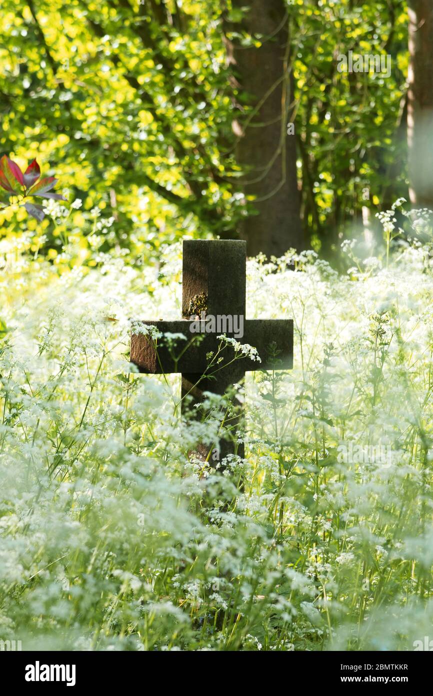 Croce di pietra o crocifisso in un cimitero con fiori selvatici. Spazio di copia, verticale. Foto Stock