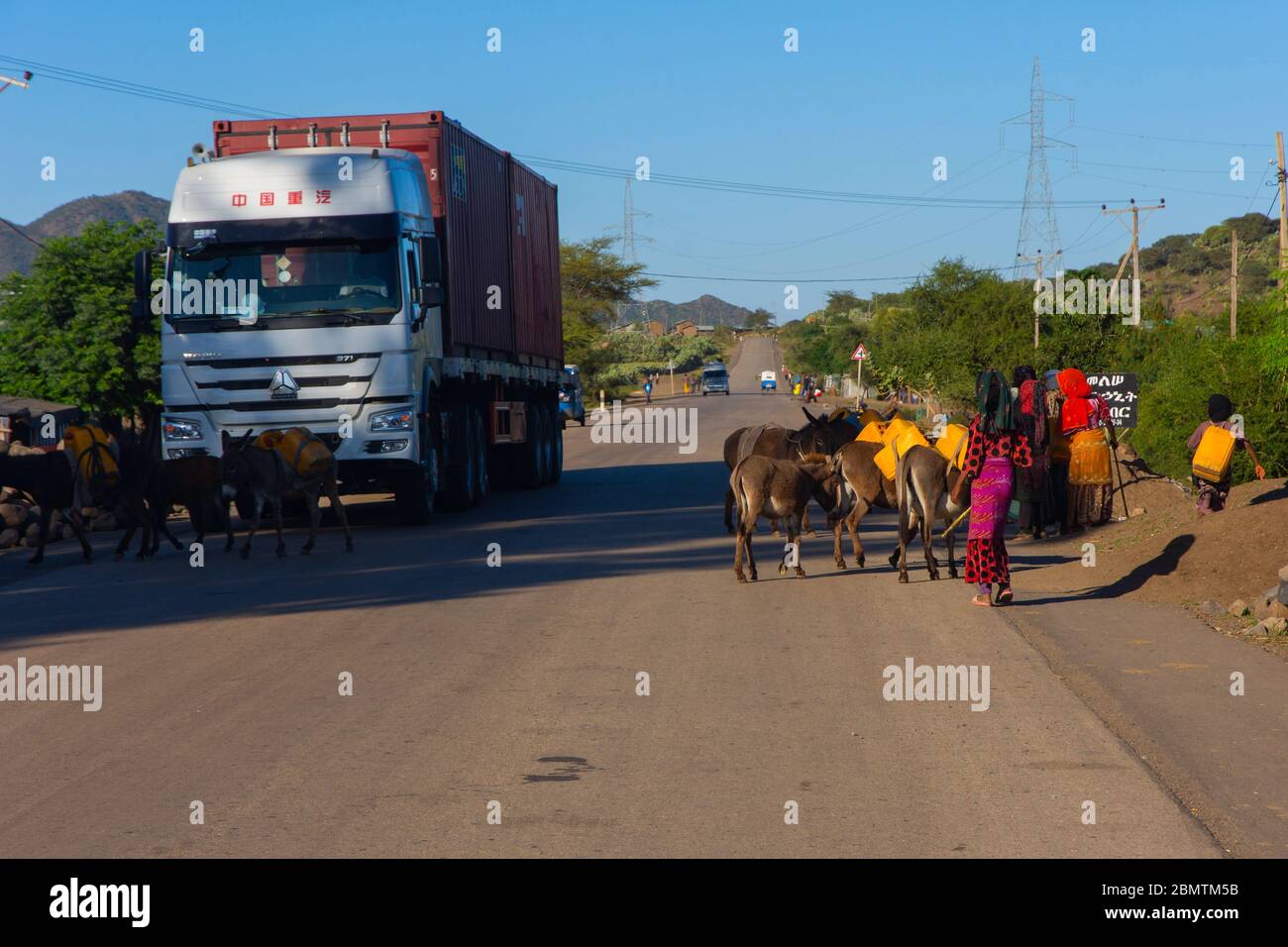 Mekele, Etiopia - 2018 novembre: Trasporto di acqua con gli asini sulla strada dell'Etiopia Foto Stock