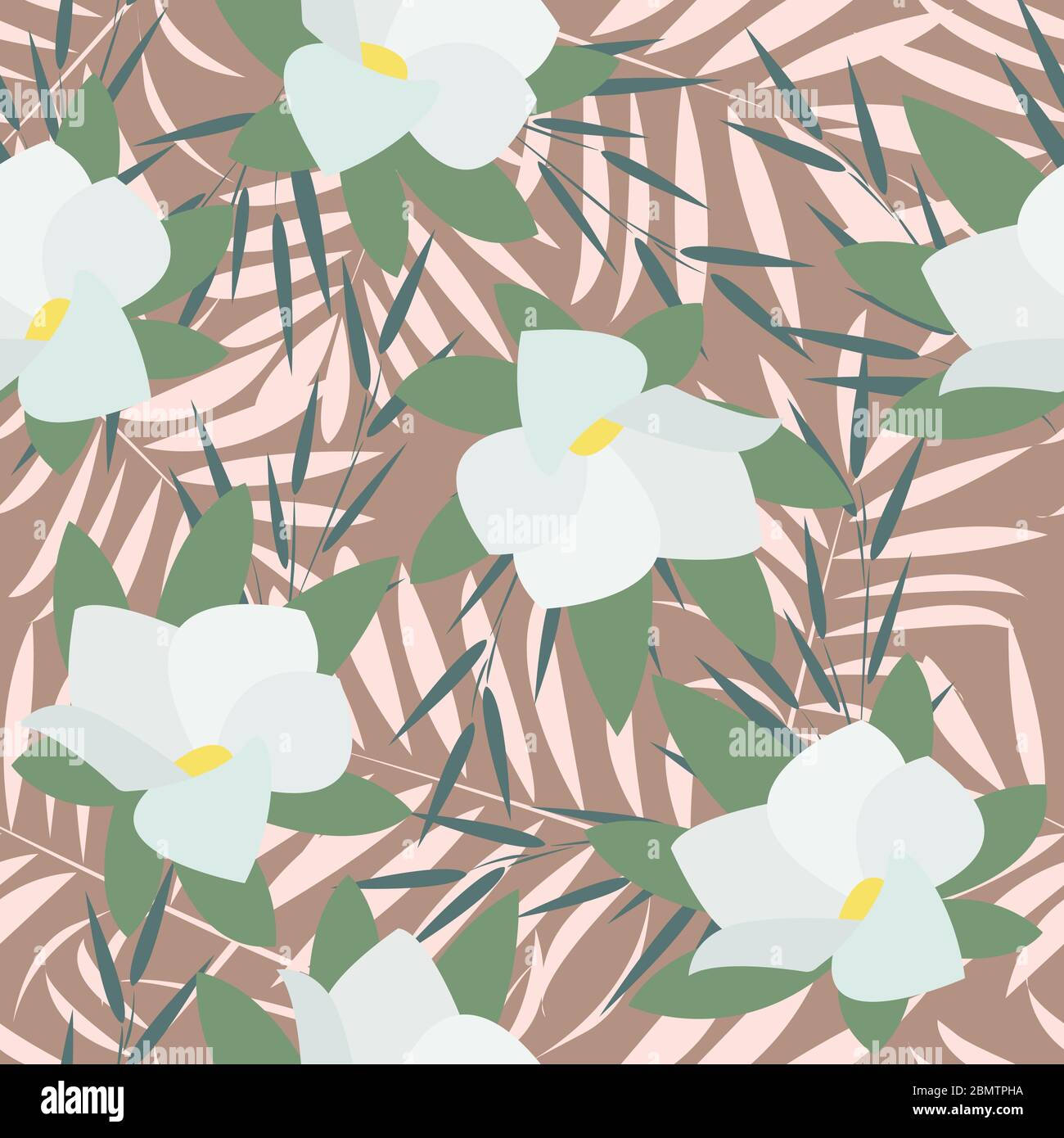 Motivo senza cuciture con fiori bianchi e foglie su sfondo rosa. Per l'imballaggio di carta, tessuti, carta da parete, stampe di cuscini, biancheria da letto, abbigliamento Illustrazione Vettoriale