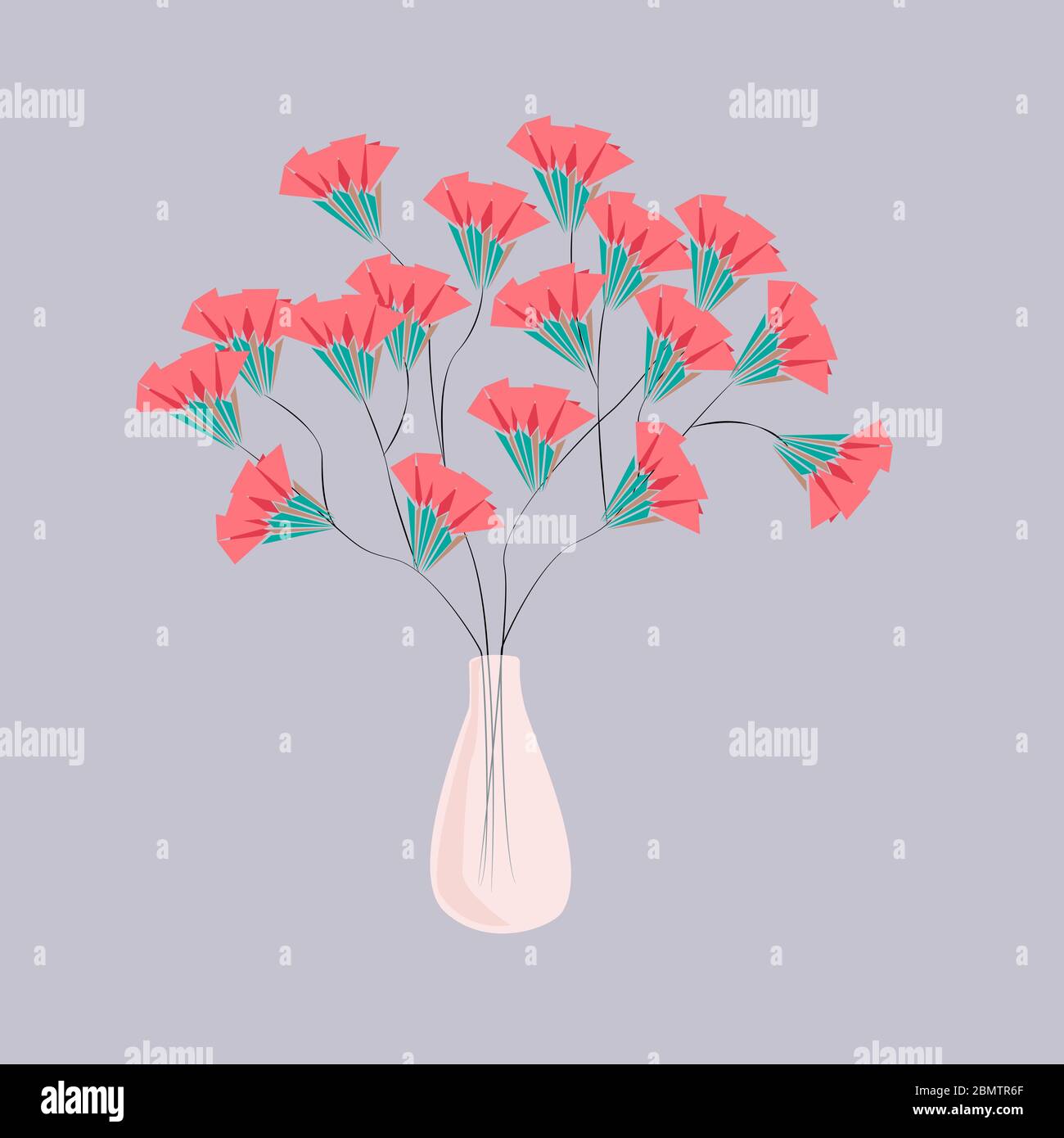 Delicati fiori rosa in vaso di vetro su sfondo grigio. Illustrazione vettoriale. Per la progettazione di cartoline, copertine, stampe di abbigliamento, carta da imballaggio Illustrazione Vettoriale