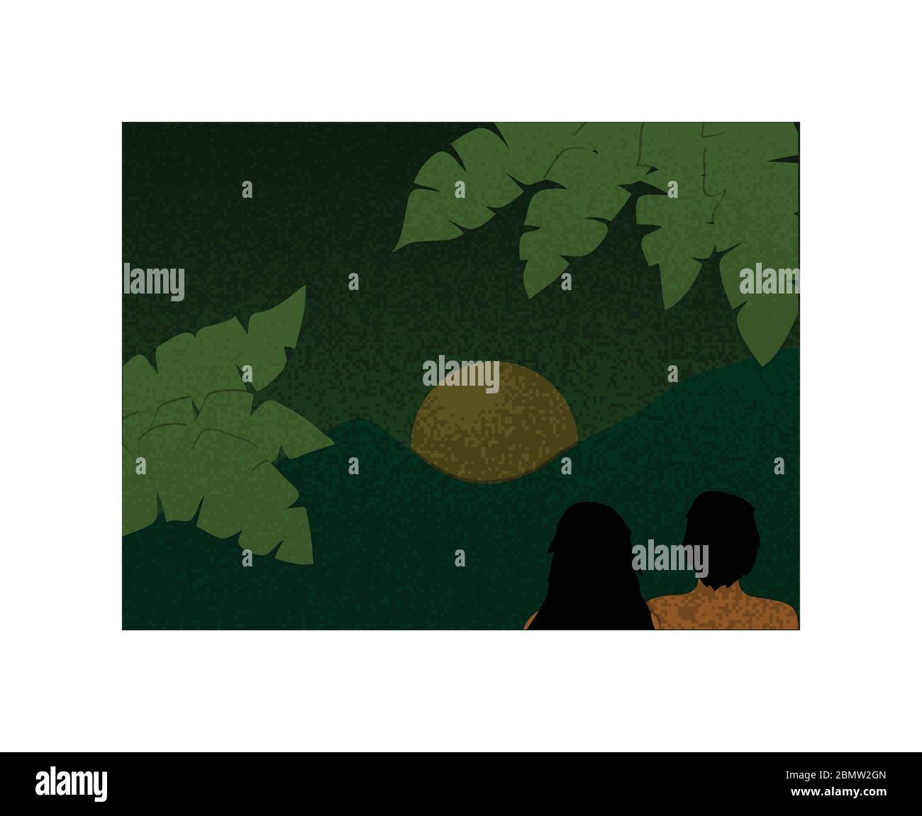 Vista notturna di scena tranquilla disegnata a mano in gradienti verdi e grana texture delle montagne Leaf verdi e Coppia femminile maschile osservare il Backgroun Luna Illustrazione Vettoriale