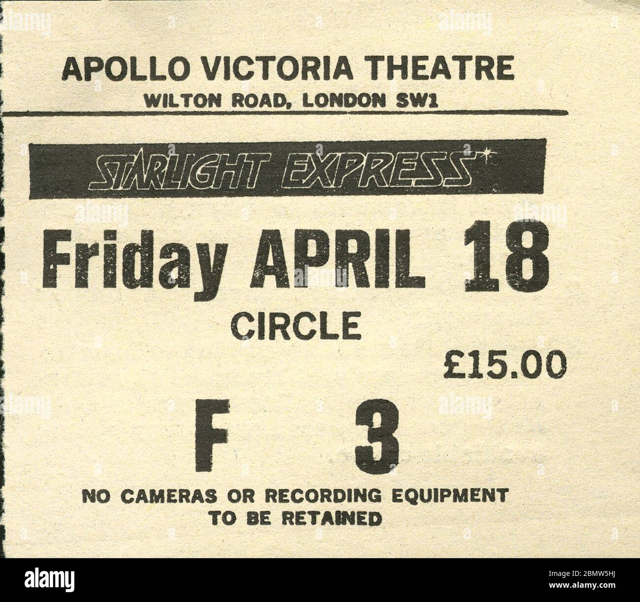 Biglietto d'ingresso per uno spettacolo di Starlight Express all'Apollo Victoria Theatre il 18 aprile 1986 - Victoria, Londra, Inghilterra, Regno Unito Foto Stock