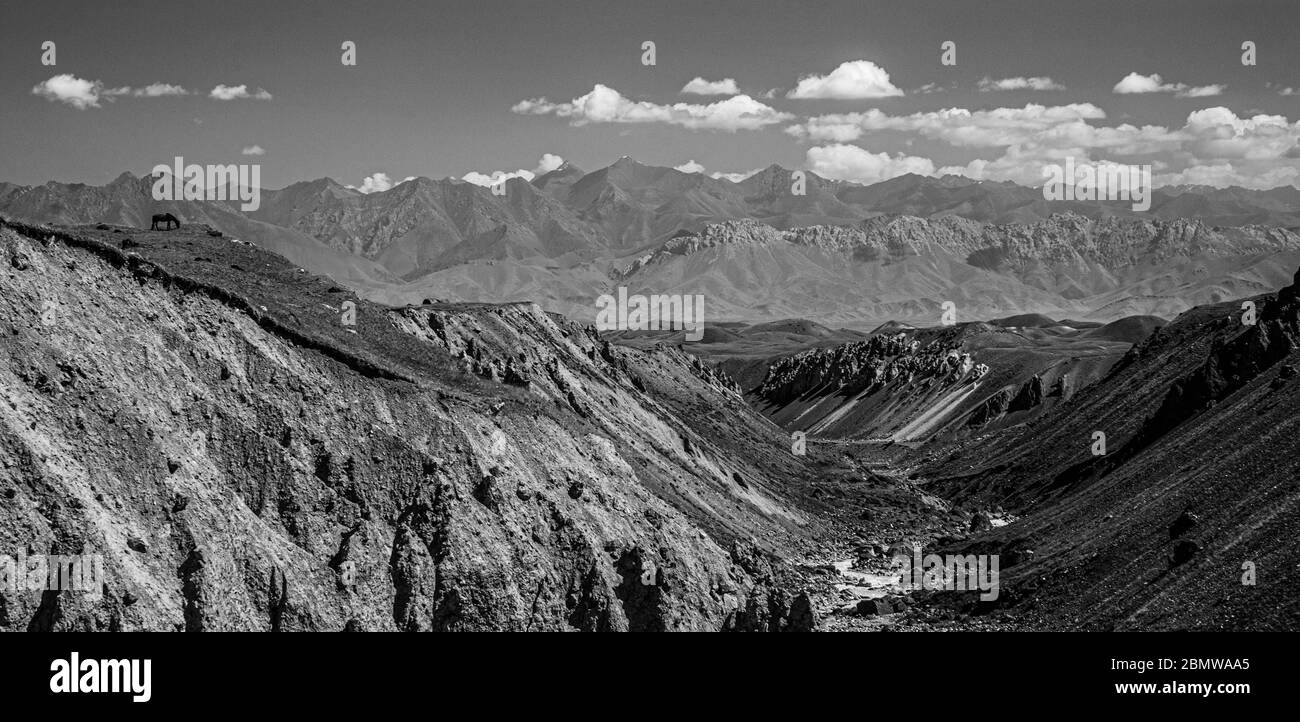 Paesaggio panoramico della gola di sabbia tra le colline. Terreno montuoso. Bianco e nero. Bella natura. Foto Stock