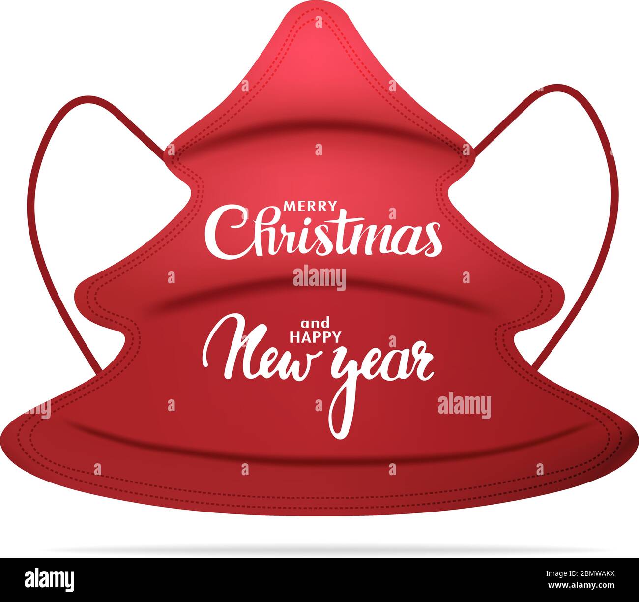 Maschera medica rossa isolata a forma di albero con iscrizione buon Natale e felice anno nuovo. Tendenza dei saluti di Natale. Focolaio di Coronavirus Illustrazione Vettoriale