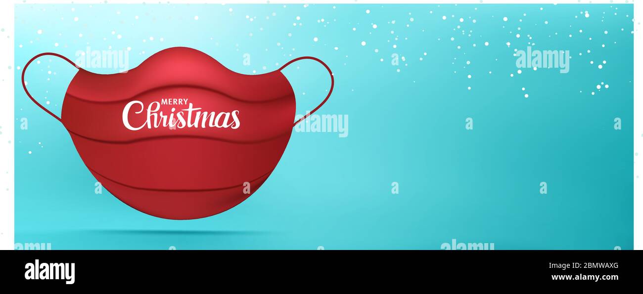 Web Banner saluti di Natale con maschera medica rossa con Merry Natale scrittura. Sfondo con fiocchi di neve. Focolaio di Coronavirus. Blocco Illustrazione Vettoriale