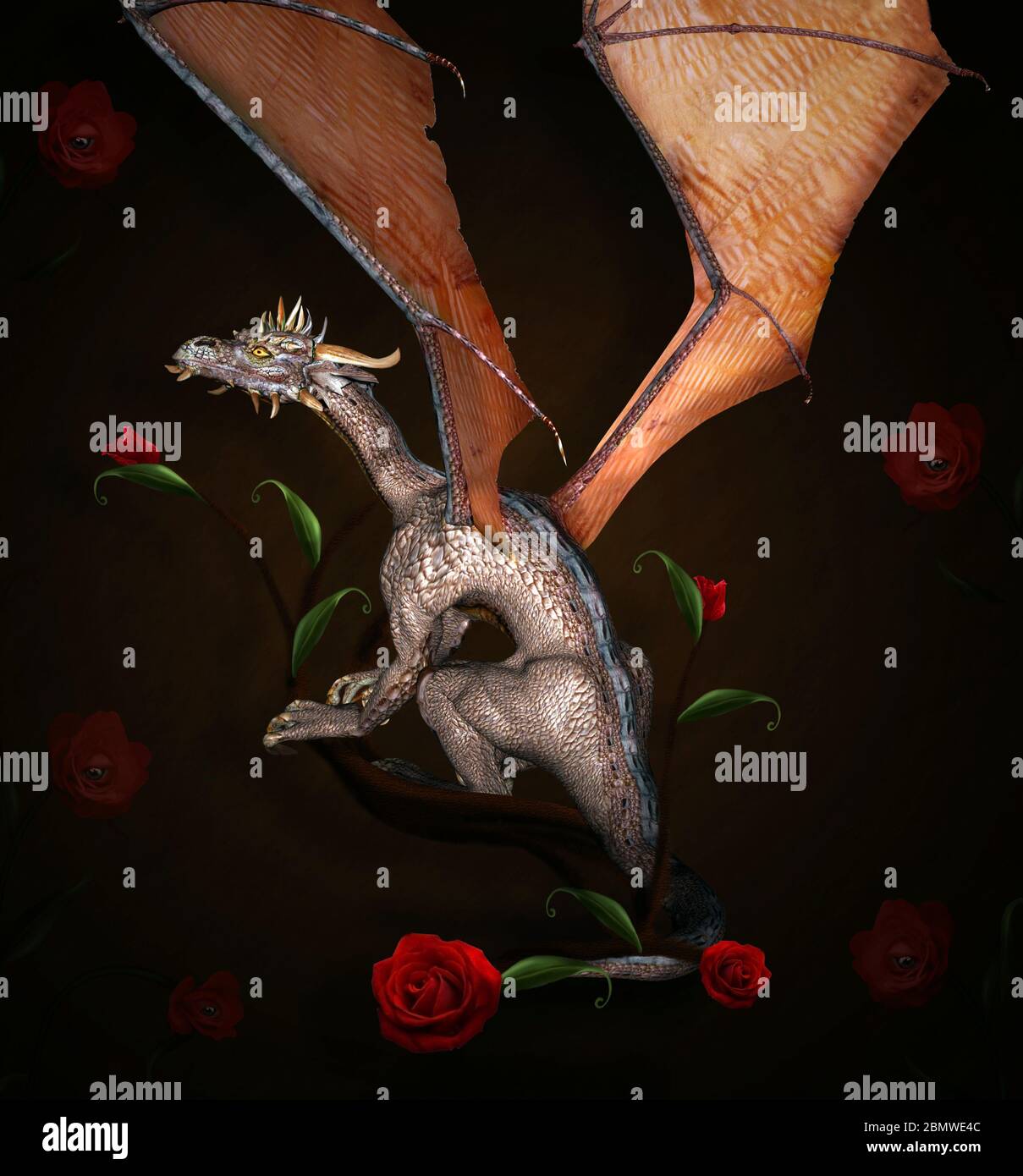 Drago leggendario che allarga le ali su uno sfondo scuro Foto Stock