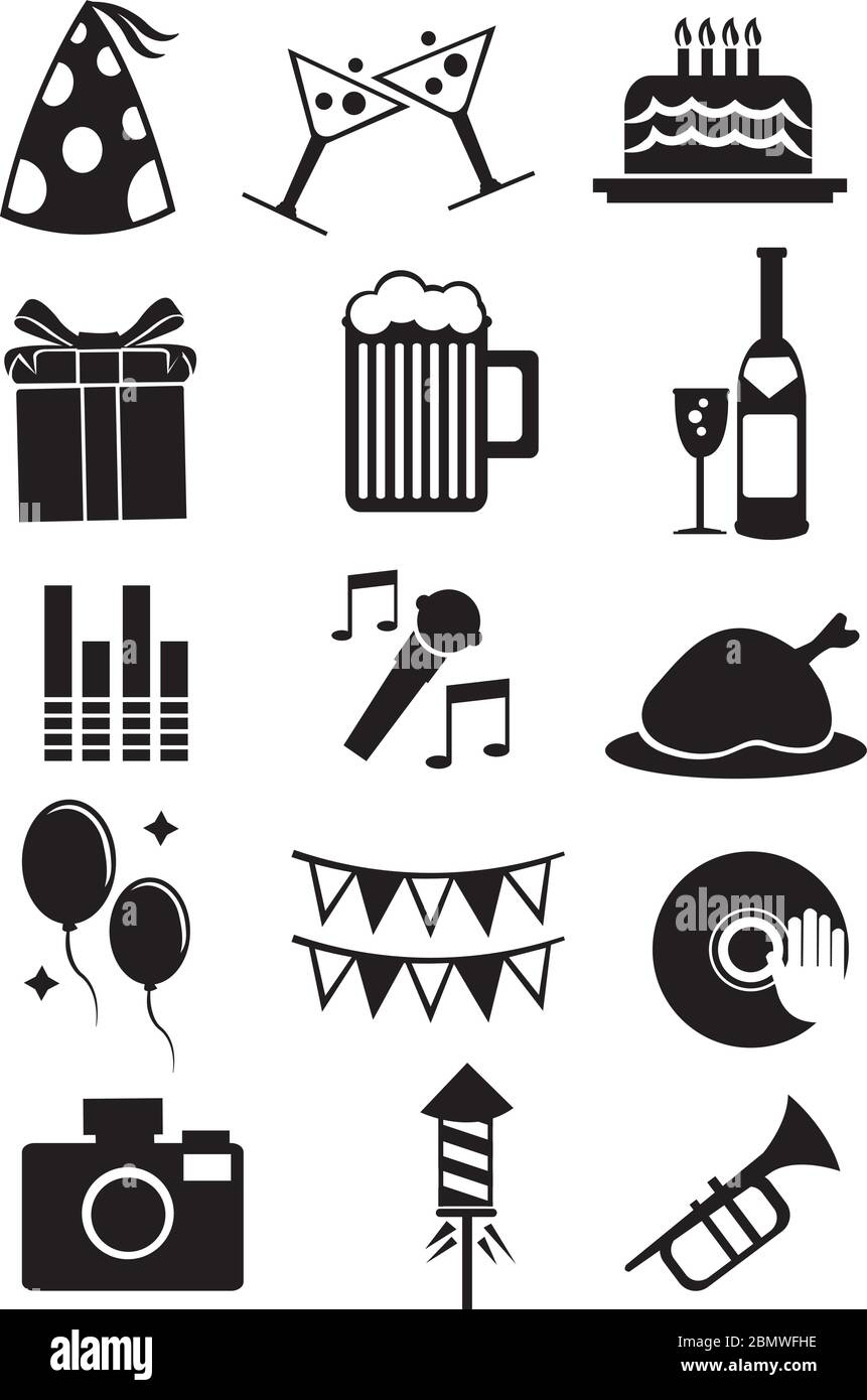 Illustrazione vettoriale di icone isolate per celebrazioni e feste su sfondo bianco. Illustrazione Vettoriale