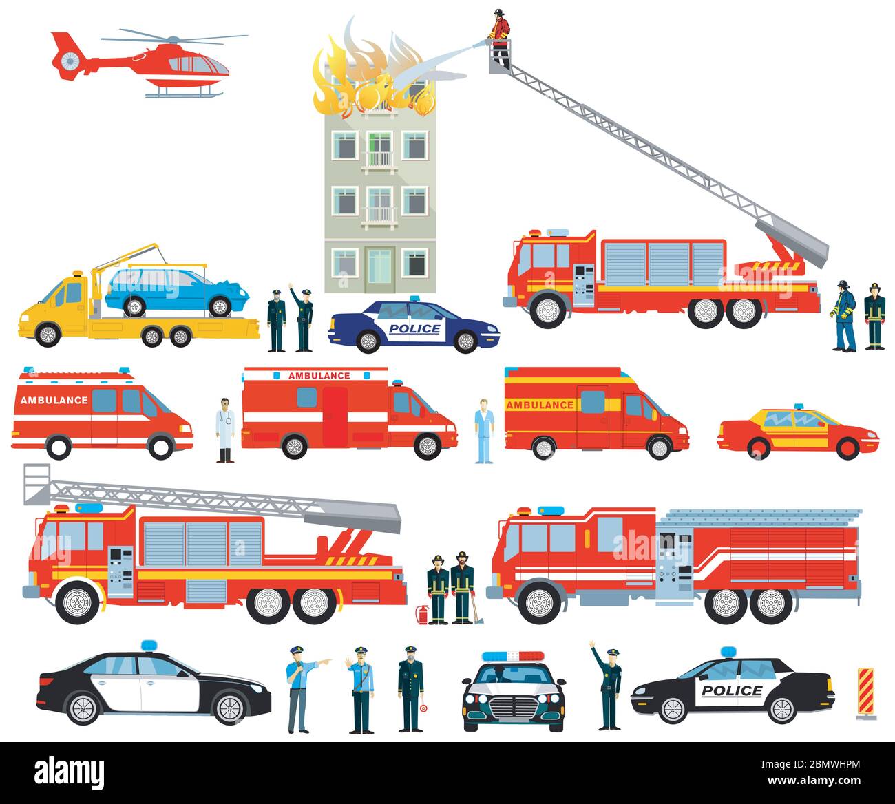 Servizio antincendio e operazioni di polizia con ambulanza Illustrazione Vettoriale