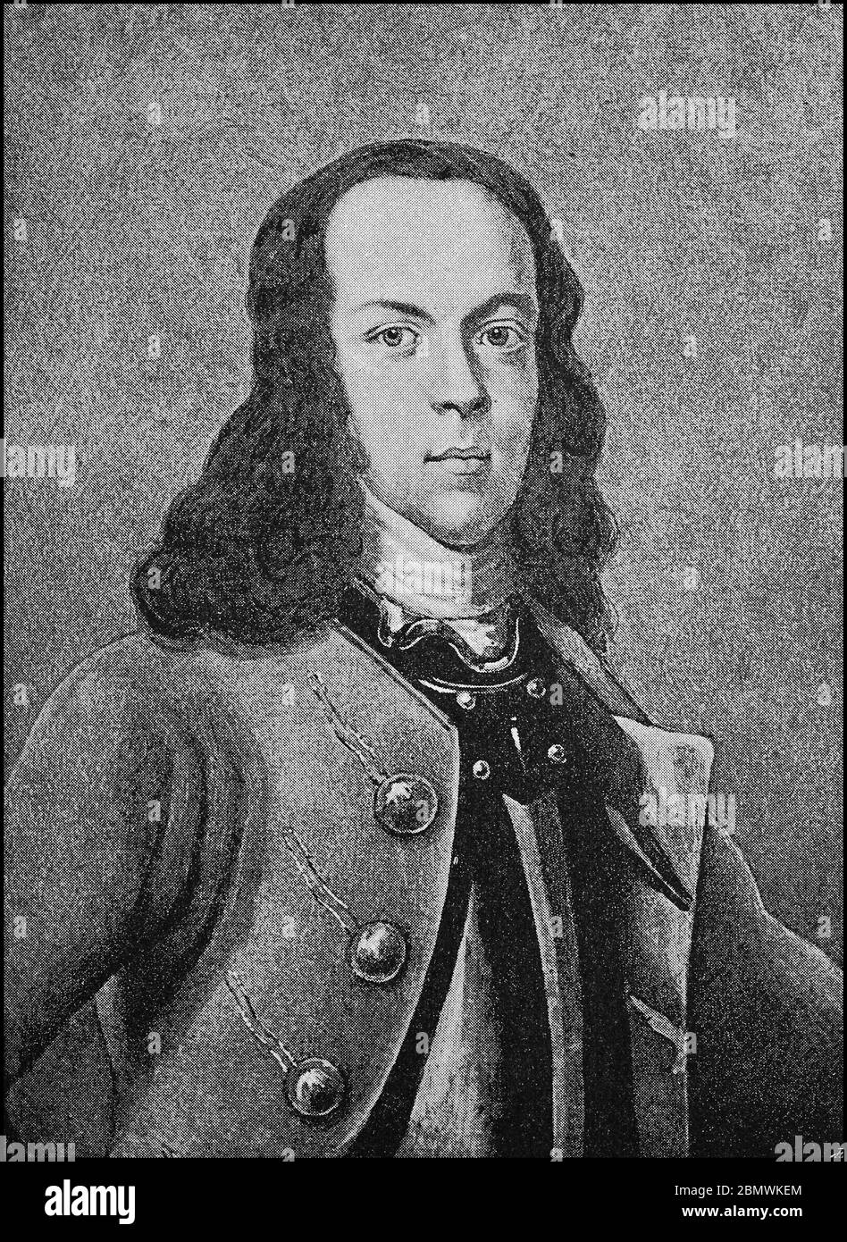 Alexei Petrovich, 28 febbraio 1690 – 7 luglio 1718, fu il figlio maggiore di Pietro i e della sua prima moglie Evdokiya Lopukhina. Rimase fino alla morte del Tsarevich di Russia / Alexei Petrovitsch, 28. Febbraio 1690 - 7. Juli 1718, war der älteste Sohn von Peter I. und dessen erster Frau Jewdokija Lopuchina. Er blieb bis zum Tode der Zarewitsch, von Russland, Historisch, riproduzione storica e digitale migliorata di un originale del 19 ° secolo / digitale Reproduktion einer Originalvorlage aus dem 19. Jahrhundert, Foto Stock