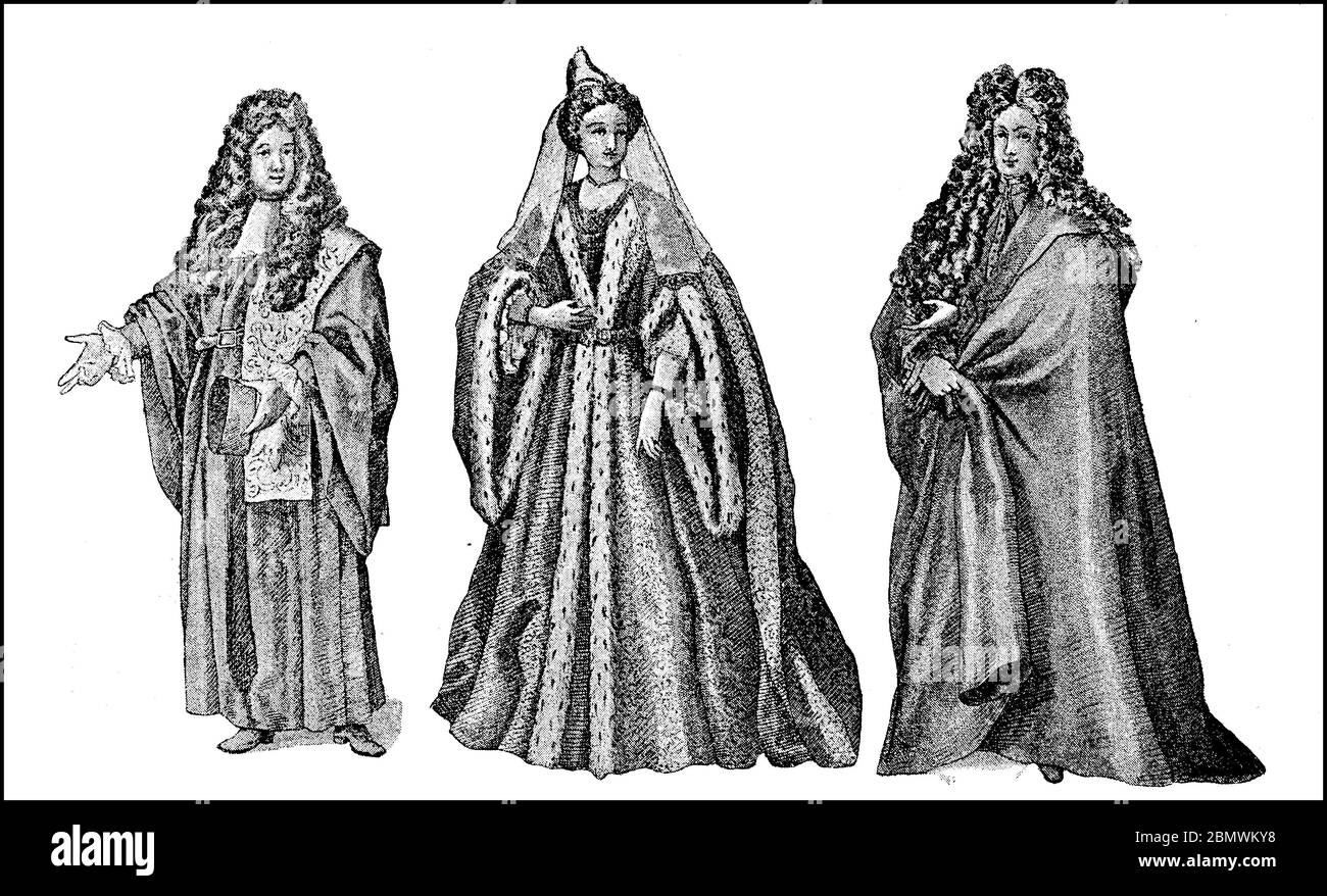 Costume d'Italia nel XVII secolo, procuratore della Repubblica Veneziana, Dogaressa in costume d'inverno, nobile veneziano in lutto / Tracht aus Italien im 17. Jahrhundert, Prokurator der Republik Venedig, Dogaressa im Winterkostüm, venezianischer Edelmann in Trauer, Historisch, riproduzione storica, digitale migliorata di un originale del 19 ° secolo / digitale Reproduktion einer Originalvorlage aus dem 19. Jahrhundert, Foto Stock