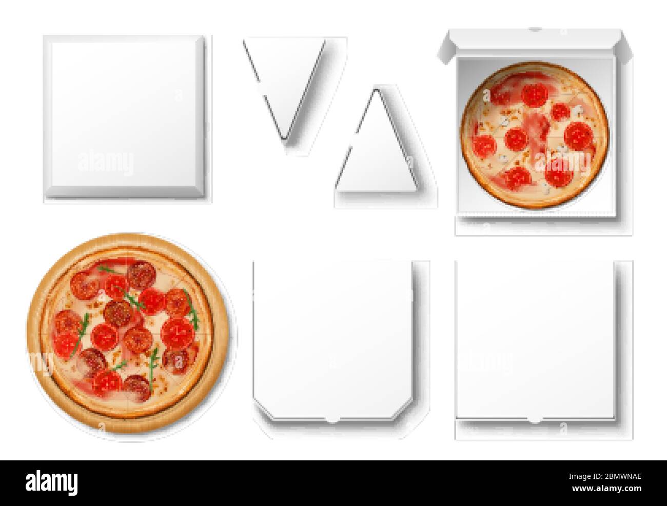 Realistico bianco pizza scatola di cartone mockup isolato. Vuoto e con dima scatola di fetta pizza per il vostro disegno. Set di cartoni per imballaggio, parte superiore Illustrazione Vettoriale
