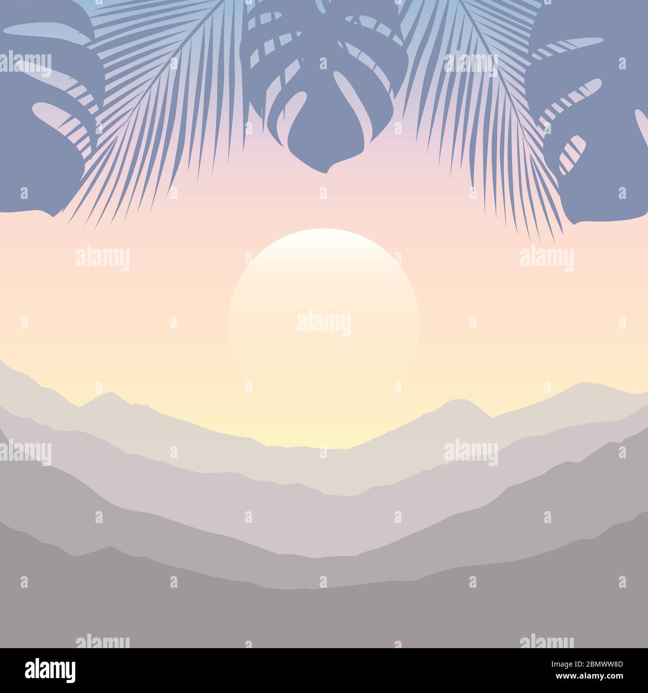 Luminoso paesaggio tropicale con vista sulle montagne e foglie di palma illustrazione vettoriale EPS10 Illustrazione Vettoriale