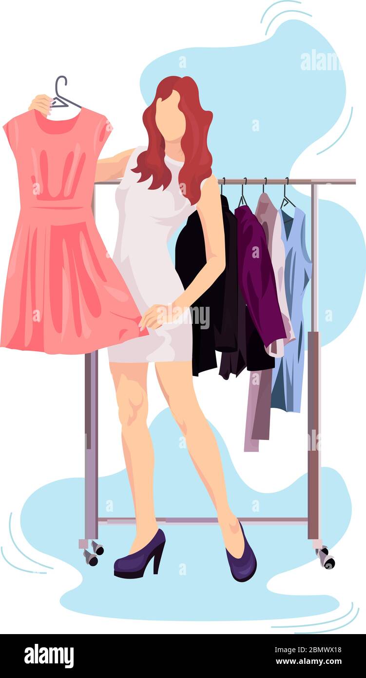 Ragazza con vestiti tiene UN Hanger con un'illustrazione vettoriale di abito dalla collezione di shopping. Cartoni animati piatti isolati su bianco Illustrazione Vettoriale