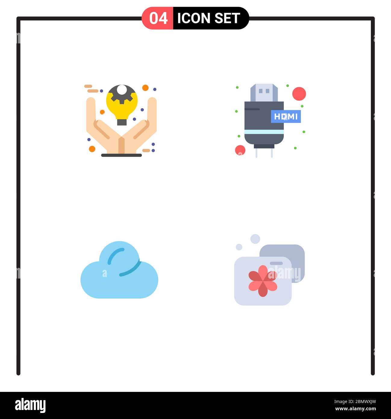 Set moderno di 4 icone piatte Pictografo di business, nuvoloso, prodotto, estensione, alloggio elementi Editable Vector Design Illustrazione Vettoriale