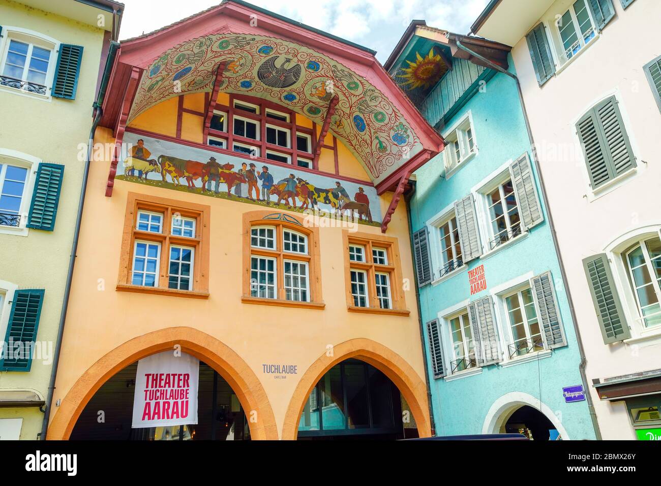 Edificio del Teatro Aarou (mattatoio medievale) con splendidi soffitti e facciata dipinta. Argovia Canton, Svizzera. Foto Stock
