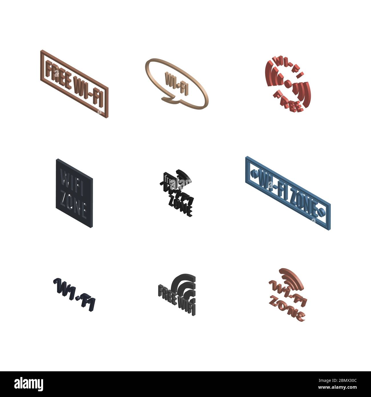 Set di varie icone senza fili isolati su uno sfondo bianco. 3D isometrica stile, illustrazione vettoriale. Illustrazione Vettoriale