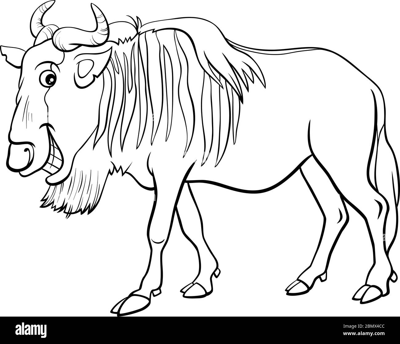 Cartoon bianco e nero Illustrazione di GNU Antelope o Blue Wildebeest African Wild Animal Character Coloring Book Page Illustrazione Vettoriale