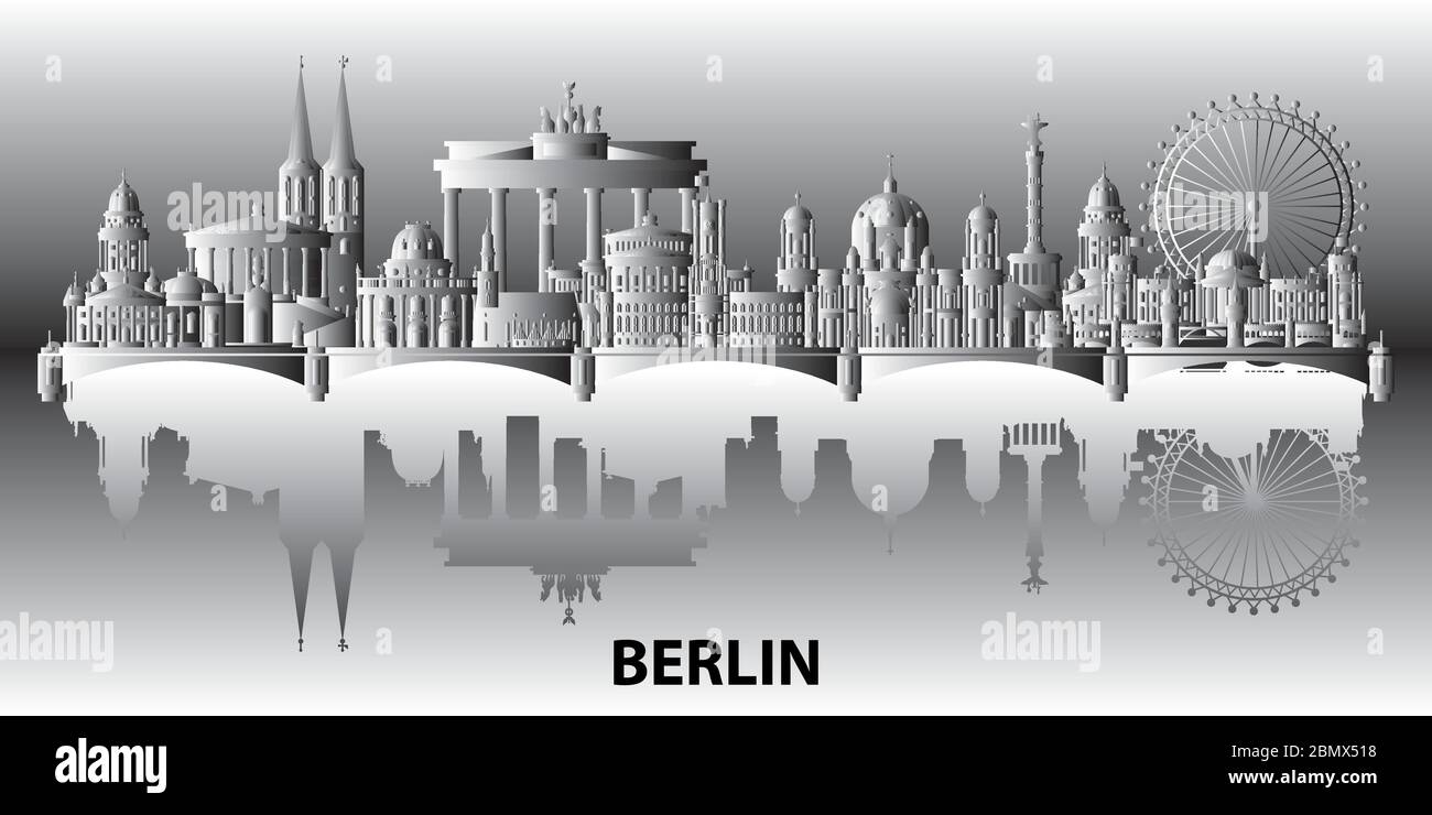 Illustrazione del viaggio dello skyline panoramico di Berlino con i principali punti di riferimento architettonici. Berlino concetto di viaggio, monocromatico gradiente turismo tedesco e viaggio Illustrazione Vettoriale