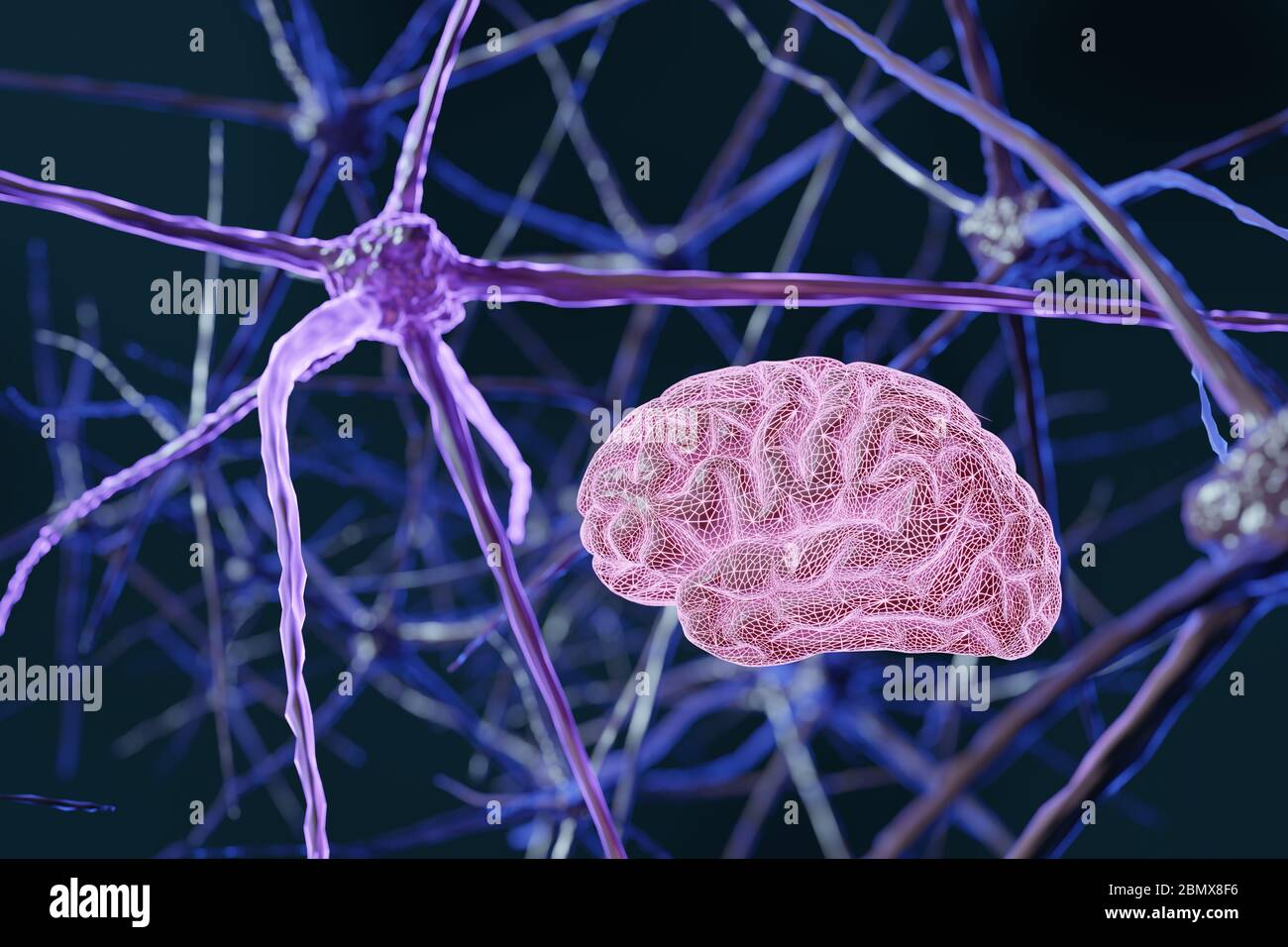 Cellule neurone cervello astratte con nodi di collegamento. Cellule di sinapsi e neuroni che inviano segnali chimici elettrici. Neuroni interconnessi con pul elettrico Foto Stock