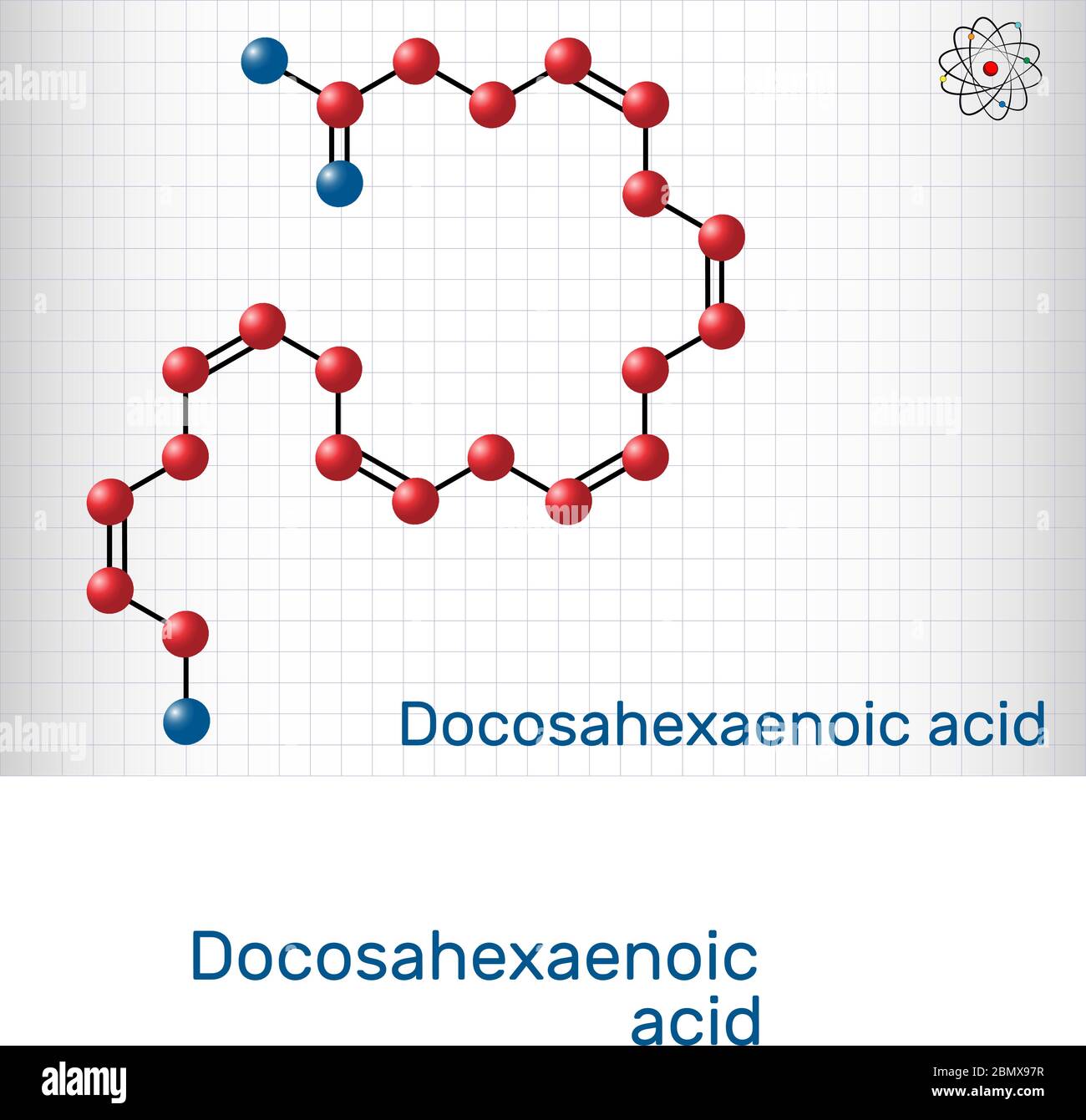 Acido docosaesaenoico, DHA, doconexent, molecola di acido cervicico. È acido grasso omega-3. Foglio di carta in una gabbia.Illustrazione vettoriale Illustrazione Vettoriale