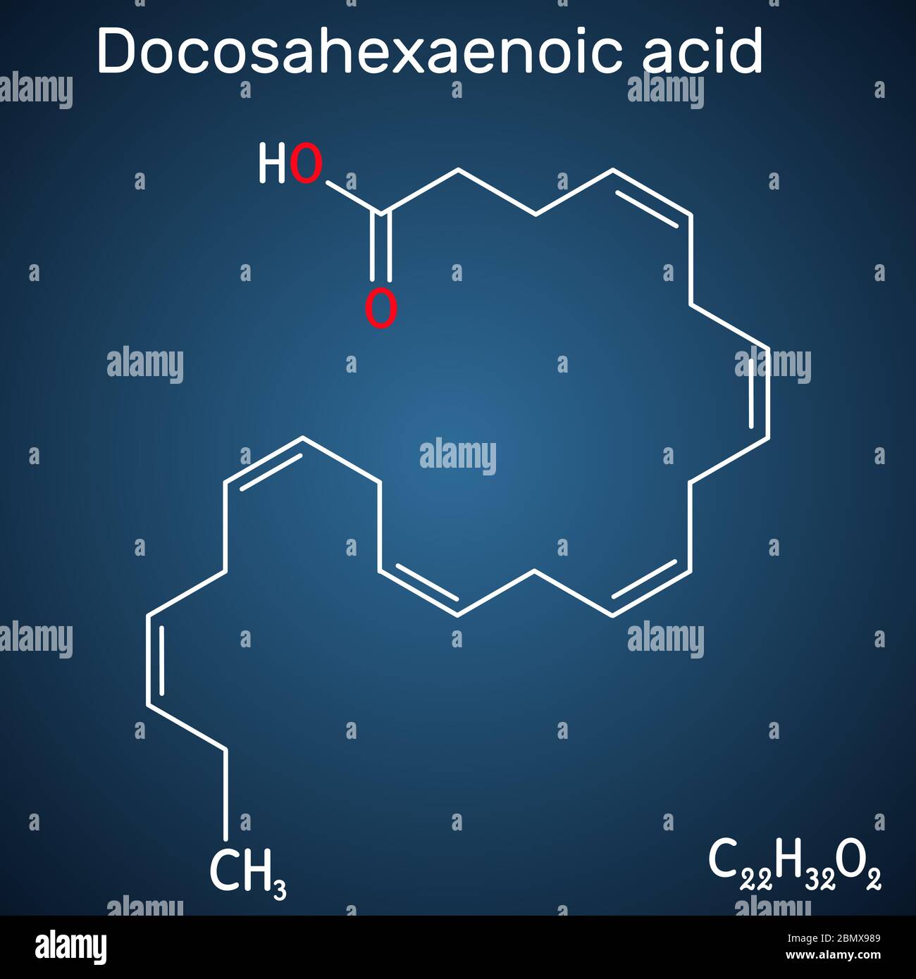 Acido docosaesaenoico, DHA, doconexent, molecola di acido cervicico. È acido grasso omega-3. Formula chimica strutturale su sfondo blu scuro. Vect Illustrazione Vettoriale