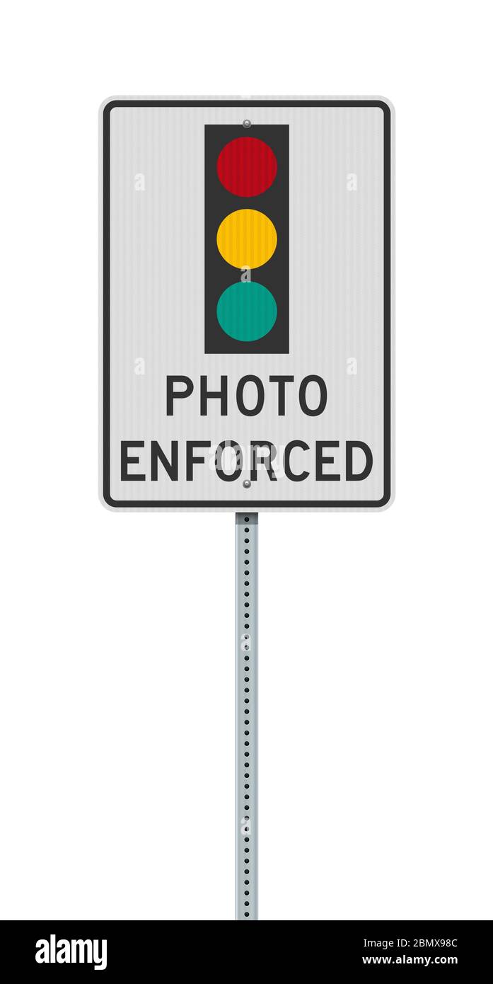 Illustrazione vettoriale del cartello stradale Photo Enforced Traffic Light su palo metallico Illustrazione Vettoriale