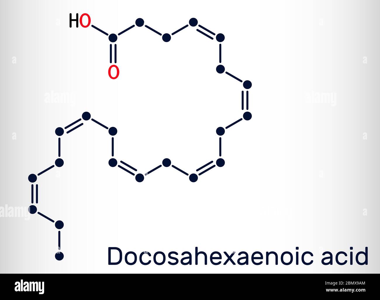 Acido docosaesaenoico, DHA, doconexent, molecola di acido cervicico. È acido grasso omega-3. Formula chimica scheletrica. Illustrazione vettoriale Illustrazione Vettoriale