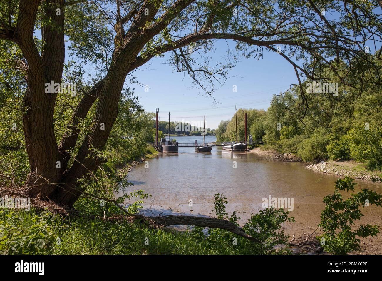 Ponte storico sulla vecchia foce del Wupper nel distretto di Rheindorf, Leverkusen, Renania Settentrionale-Vestfalia, storico tedesco Schiffbru Foto Stock