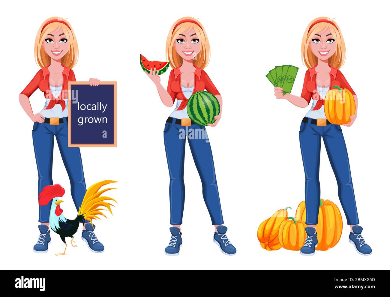 Felice ragazza fattoria sorridente, set di tre pose. Bella donna contadina personaggio cartoon in piedi vicino al gallo, tenendo anguria e tenendo zucca un Illustrazione Vettoriale