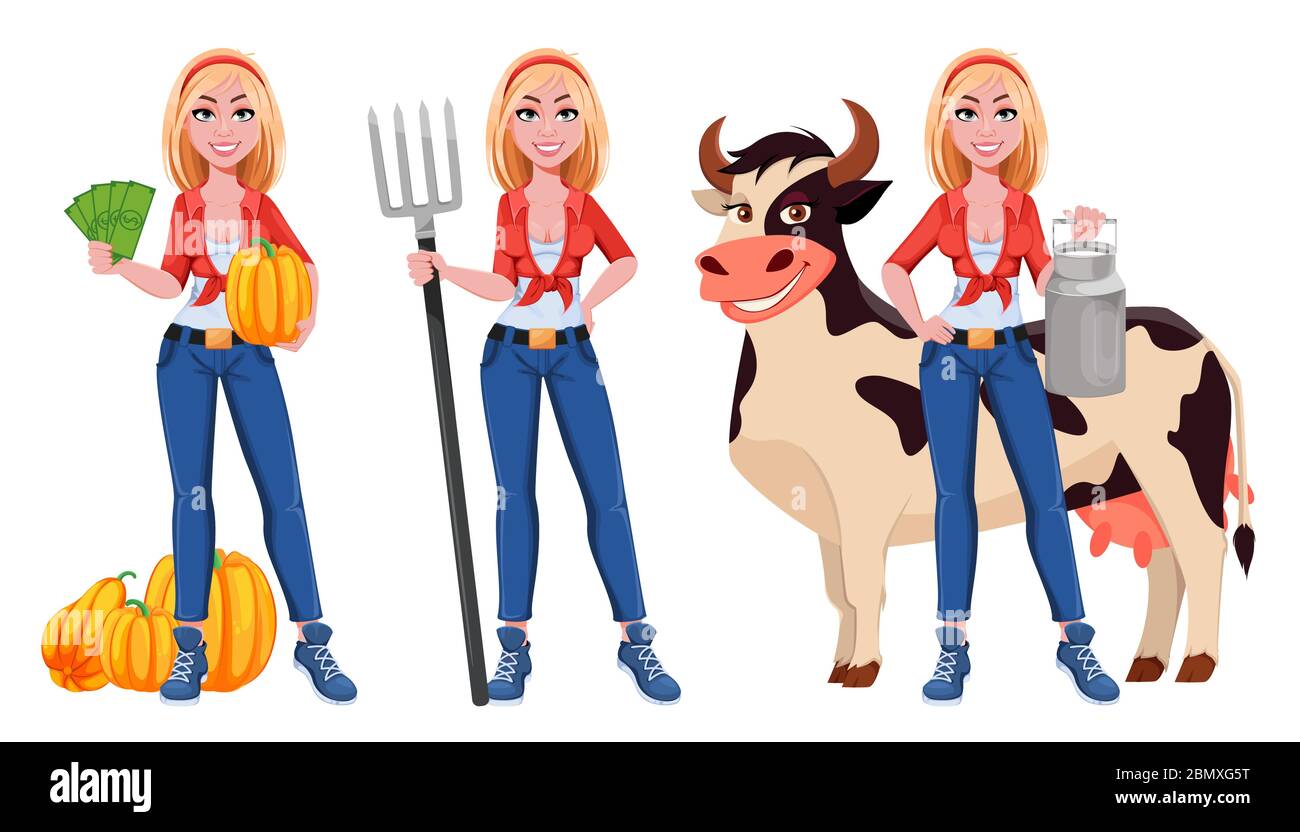 Felice ragazza fattoria sorridente, set di tre pose. Bella donna contadina personaggio cartoon. Illustrazione vettoriale Illustrazione Vettoriale