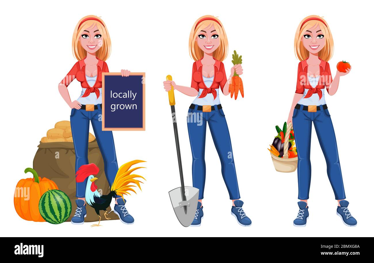 Felice ragazza fattoria sorridente, set di tre pose. Bella donna contadina personaggio cartoon. Illustrazione vettoriale su sfondo bianco Illustrazione Vettoriale