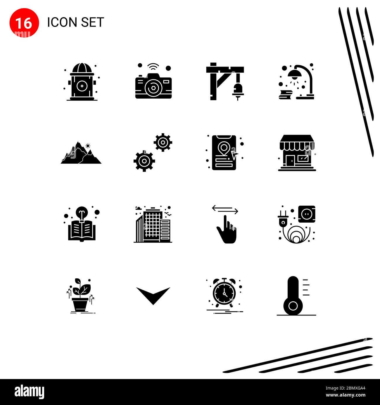 Solid Glyph Pack di 16 simboli universali di montagna, revisione, campana, luce, libro elementi di disegno vettoriale editabili Illustrazione Vettoriale