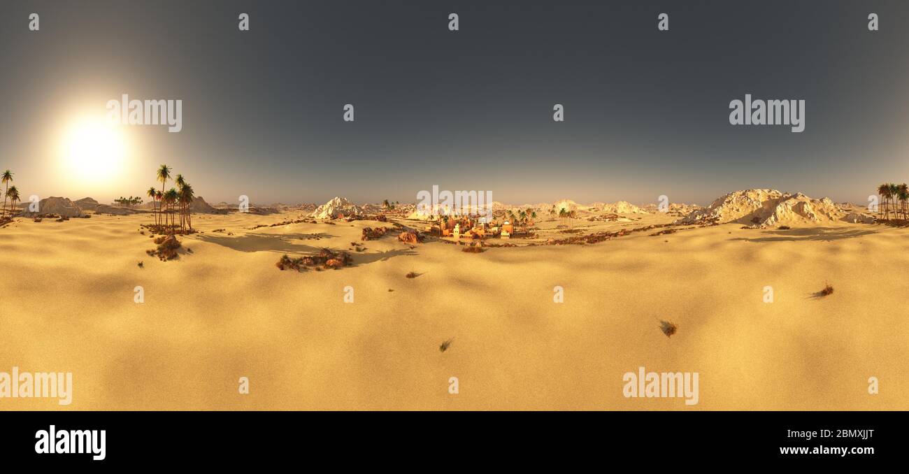 Piccola città araba nel deserto nel 360 panorama 3d rendering Foto Stock