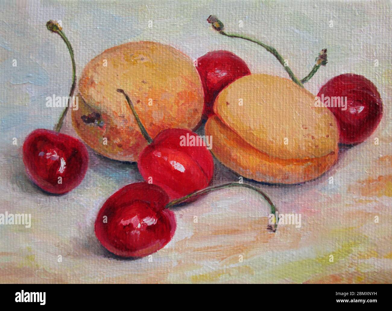 Albicocche e ciliegie mature, vita morta, pittura ad olio Foto Stock