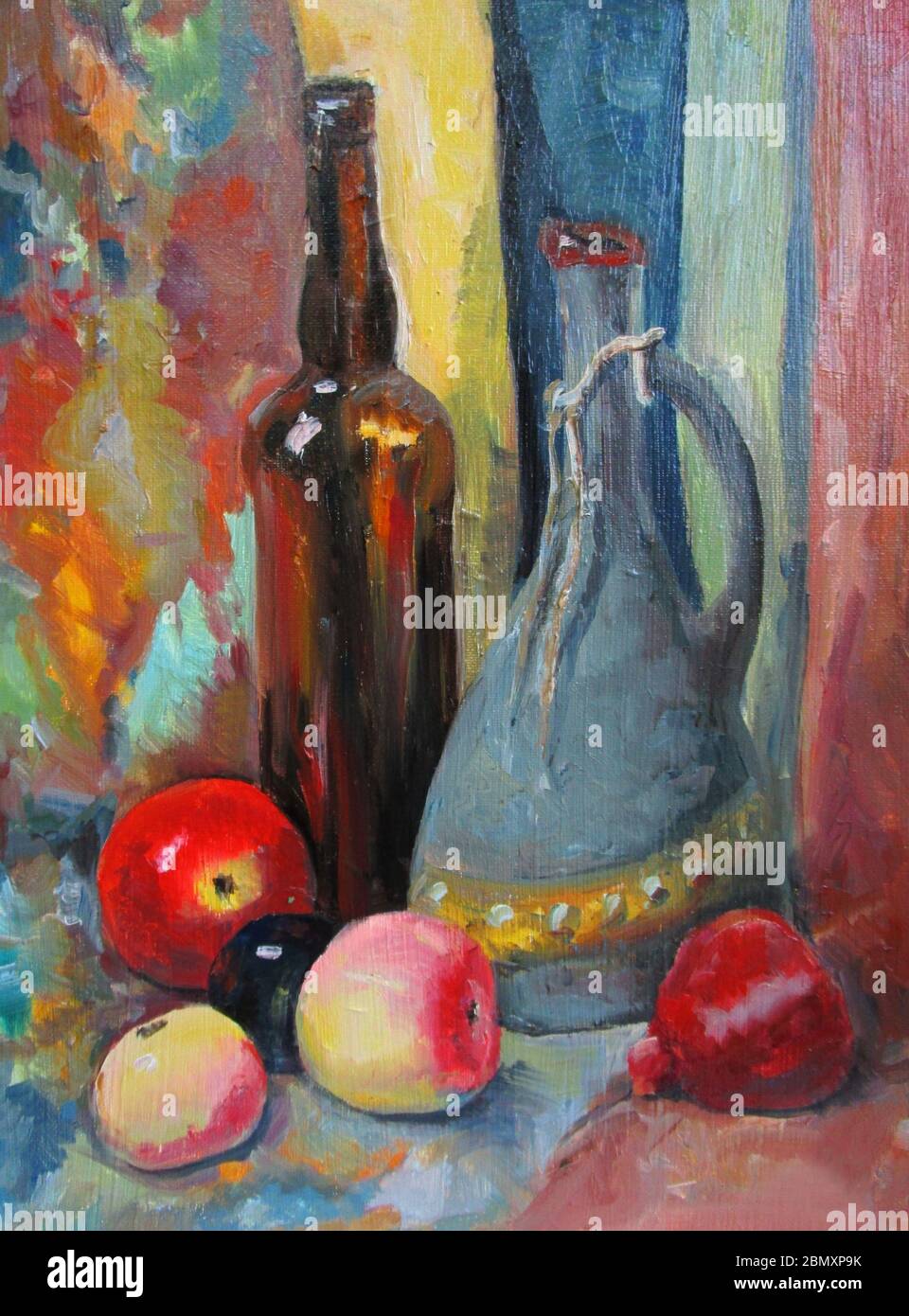 Vecchie bottiglie rustiche e mele, dipinto ad olio Foto Stock