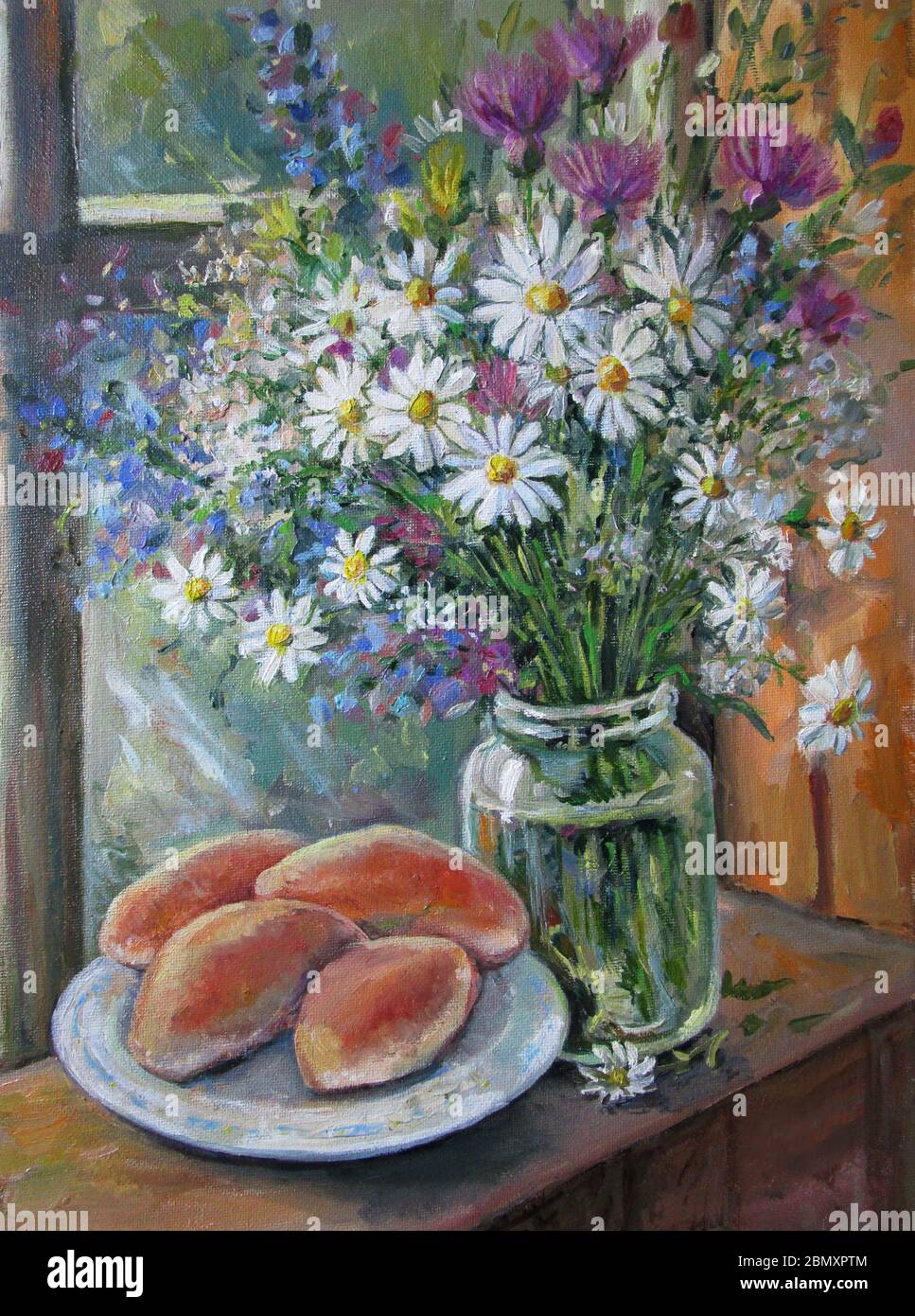 Bouquet di camomili con patatine, dipinto ad olio Foto Stock