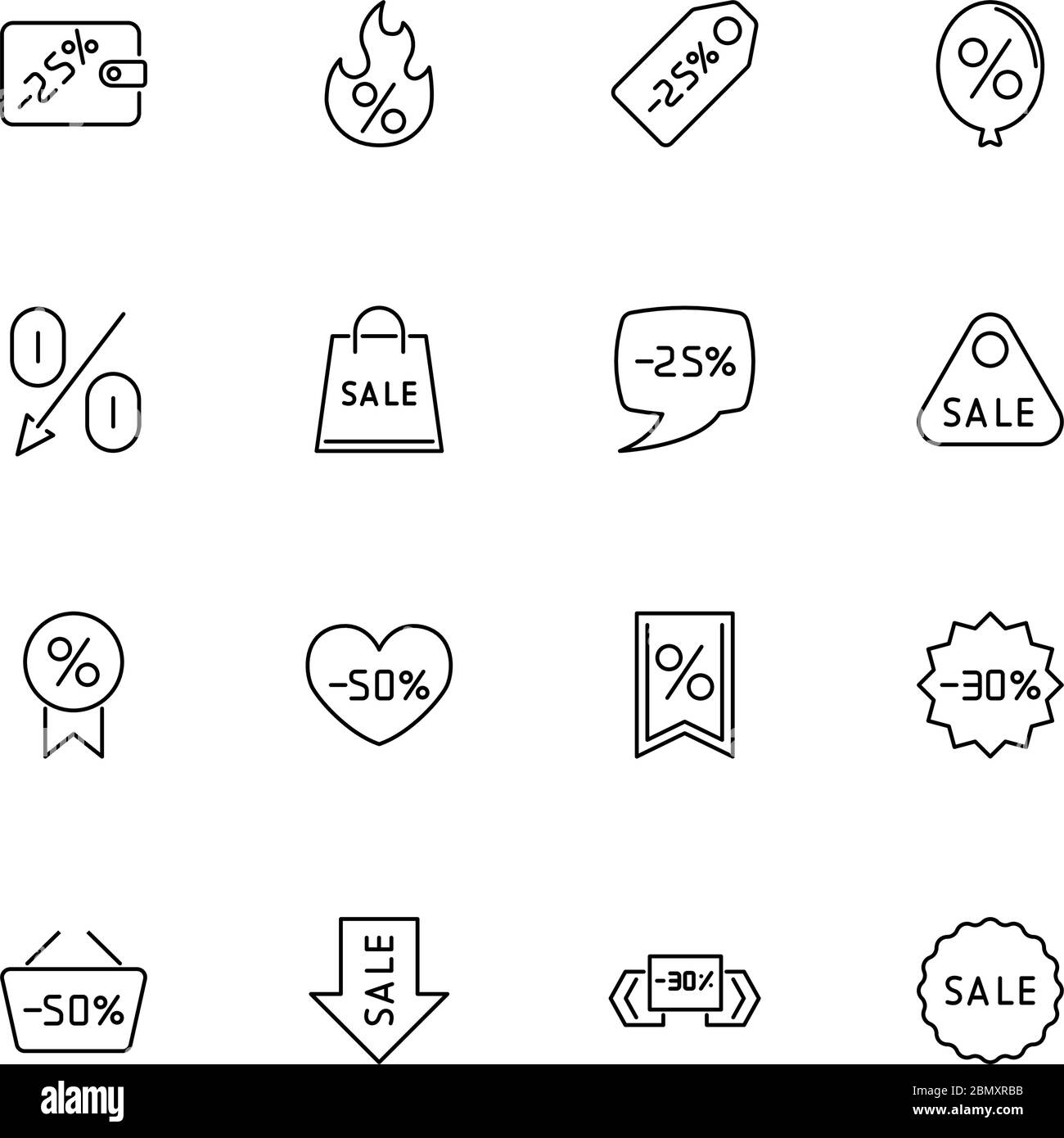 Etichette sconto, prezzo di vendita icone contorno set - simbolo nero su sfondo bianco. Etichette di sconto, Prezzo di vendita simbolo semplice illustrazione - foderato semplice Illustrazione Vettoriale