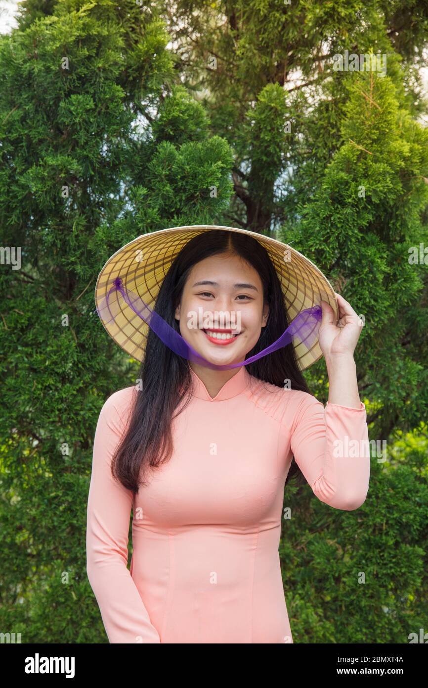 Una donna vietnamita in un abito Ao dai alla porta di un tempio Foto Stock