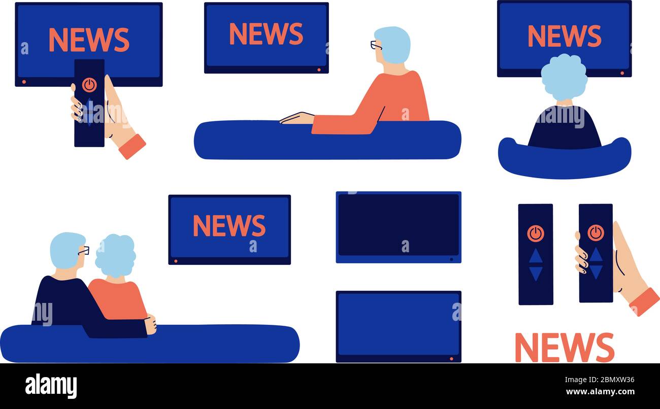 Serie di illustrazioni vettoriali isolate in stile piatto. Abbracciare la coppia anziana seduto sul divano, guardando le notizie a casa. Uomo anziano, donna. Nonni Illustrazione Vettoriale