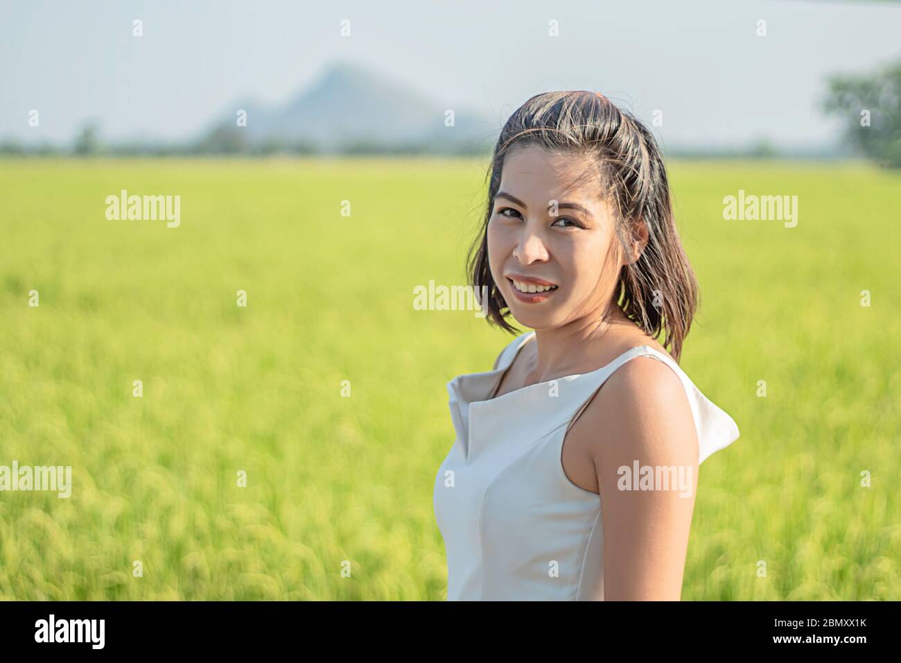 Ritratto di una donna Asean lo sfondo sfocato campi di riso e le montagne. Foto Stock